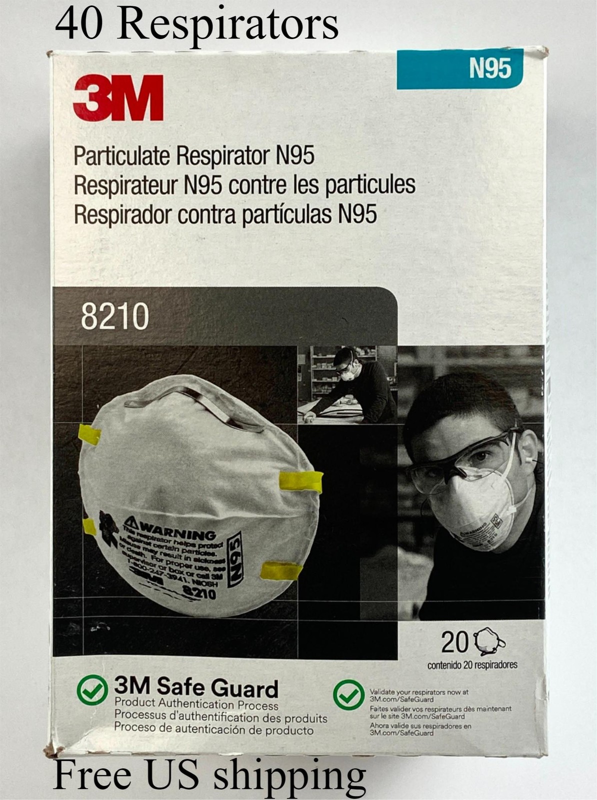 3M 8210 N95 Respirator Mask NIOSH Approved Particulate Dust Mask 40-Pack