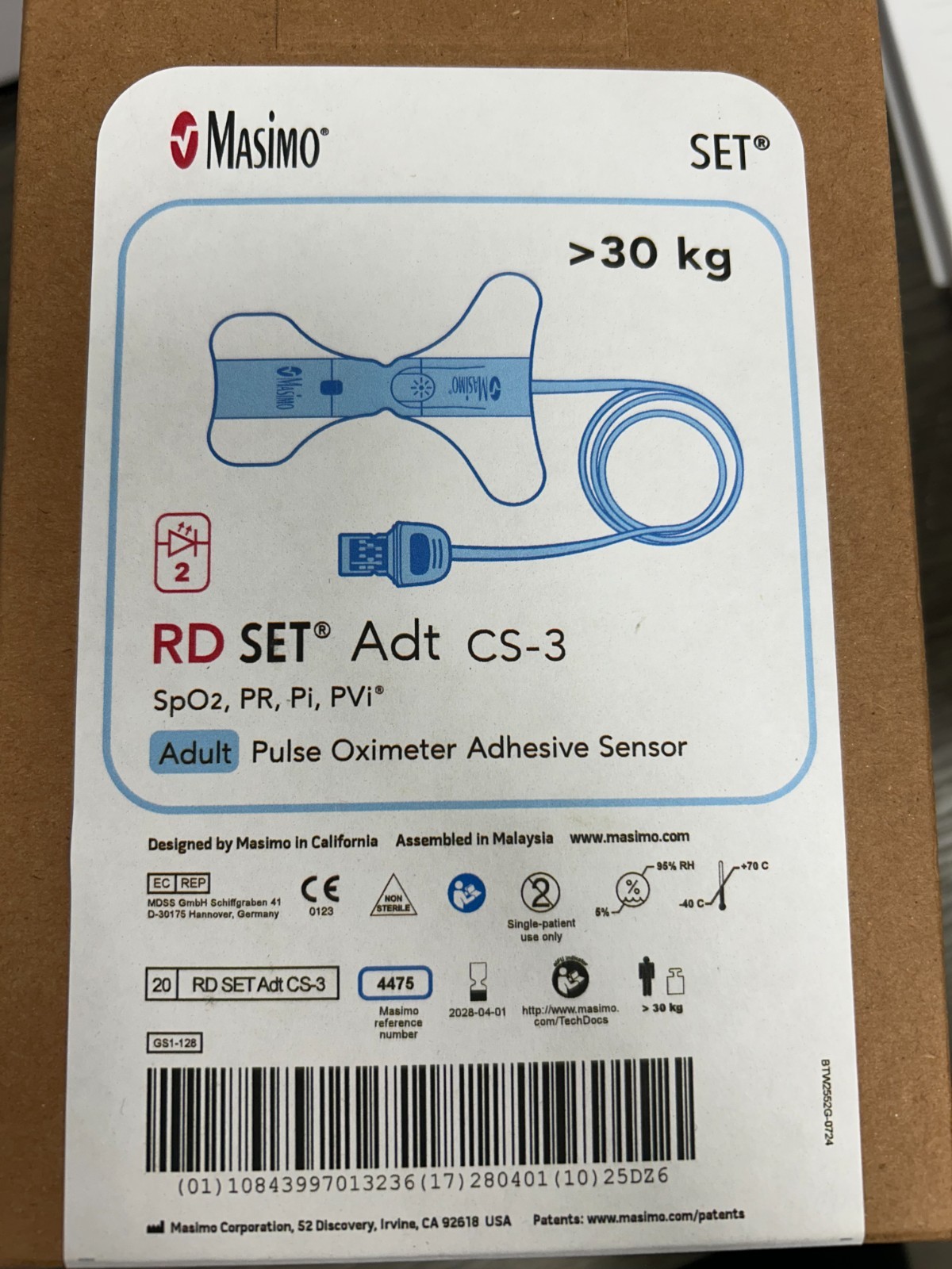 Masimo 4475 RD Set Adt CS-3 Adult Adhesive Sensor 30 kg 20/Bx Exp 04/2028