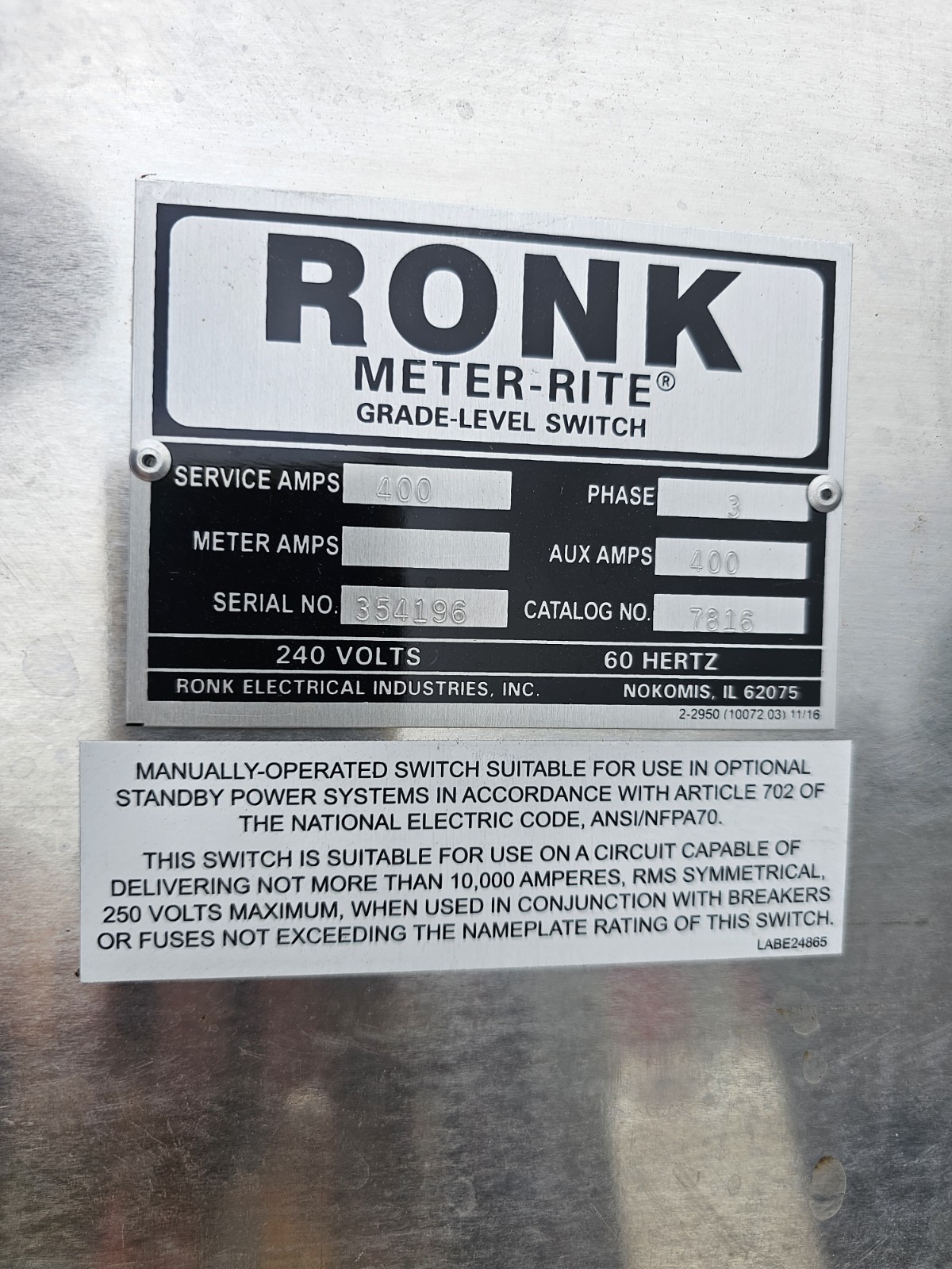 Ronk 7816 Meter-Rite Double Throw Transfer Switch 400 AMP 3 Phase