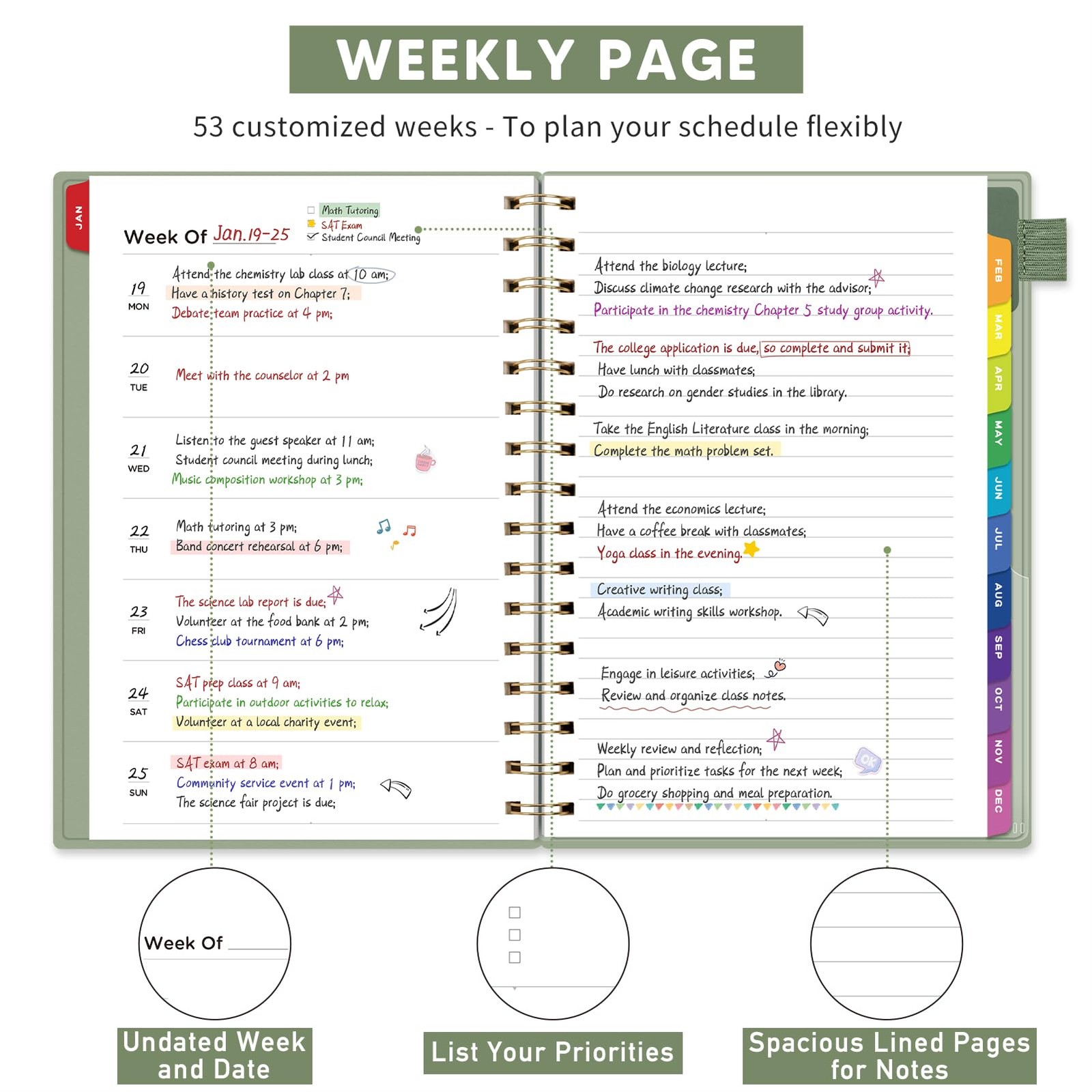 Undated Planner, Weekly and Monthly Calendar, 53 Weeks and 12 Months, A5 (6.3…
