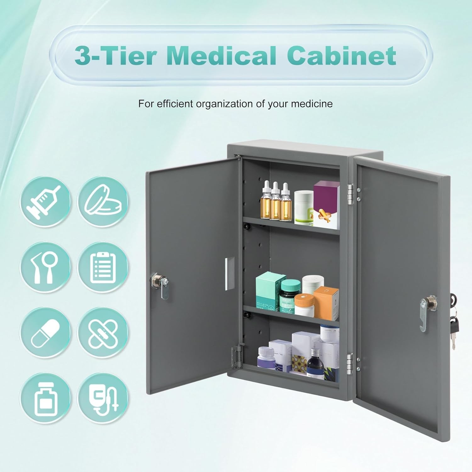 Double Door, Double Lock Wall Mounted Storage Cabinet, Childproof, Anti-theft