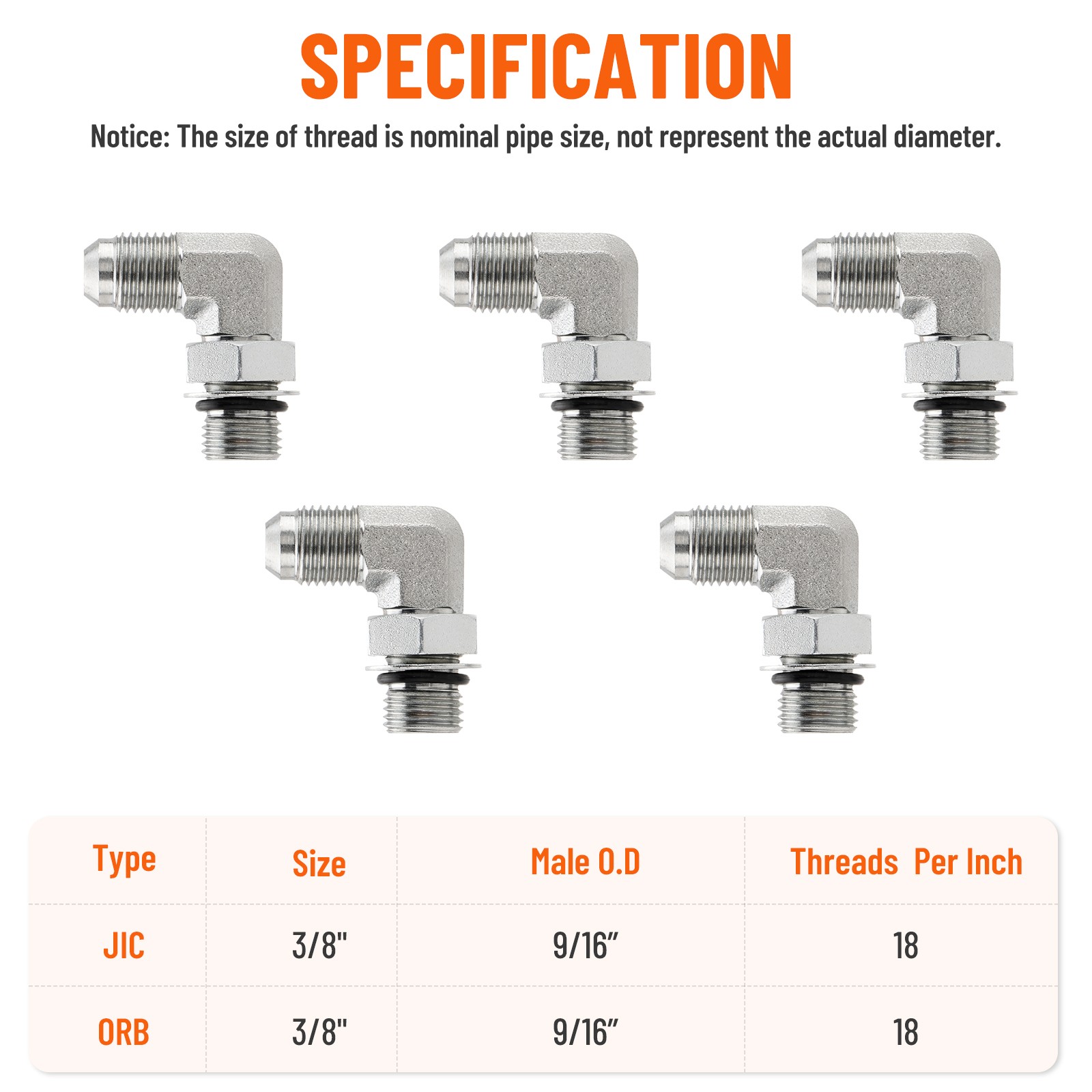 5 Pack 90 Degree Elbow Hydraulic Hose Fittings: 3/8″ JIC 37° Male X #6 SAE/ORB