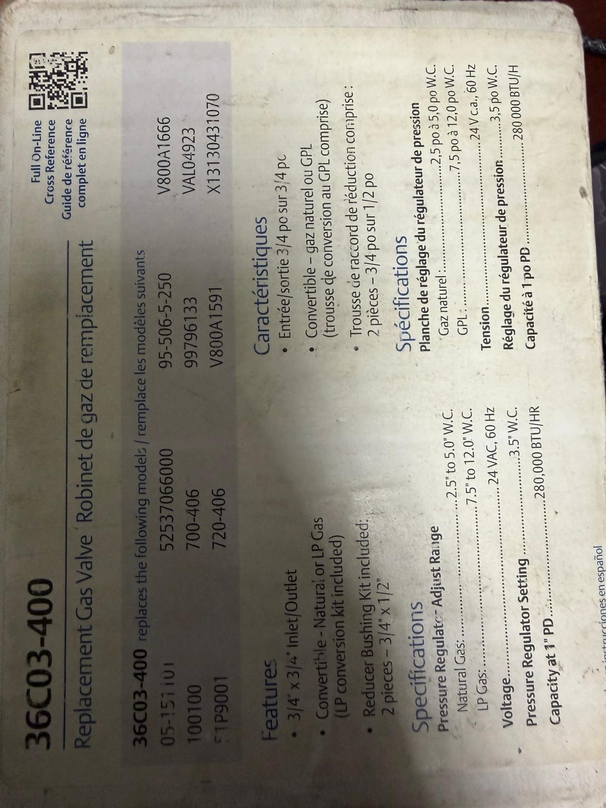 WHITE RODGERS 36C03-400 REPLACEMENT GAS VALVE