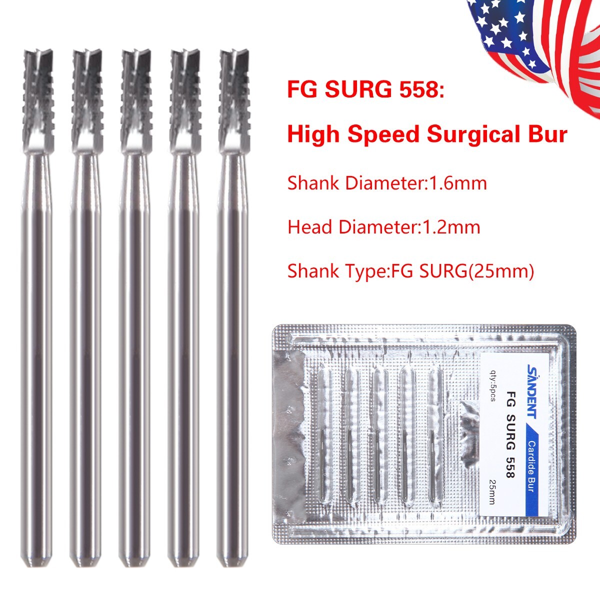 5Pcs Dental Fissure Tungsten Steel Carbide Burs High Speed Handpiece FG 558