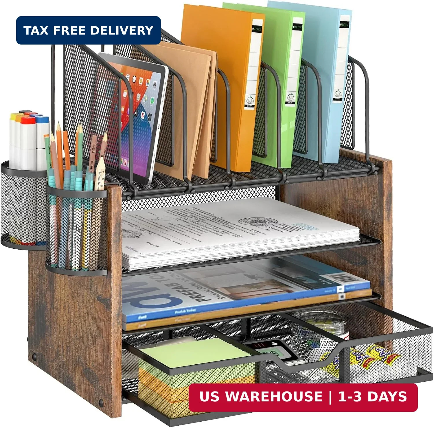 4-Tier Mesh Desk Organizer, Wooden Desk File Organizer with 5 Vertical File Hold