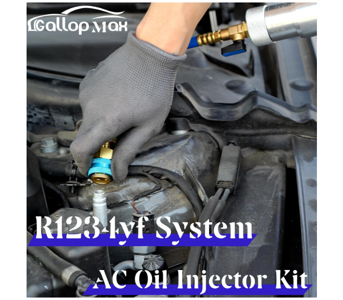 Kit inyector aceite A/C con acopladores R134A, R1234YF y adaptador R410A. Viene