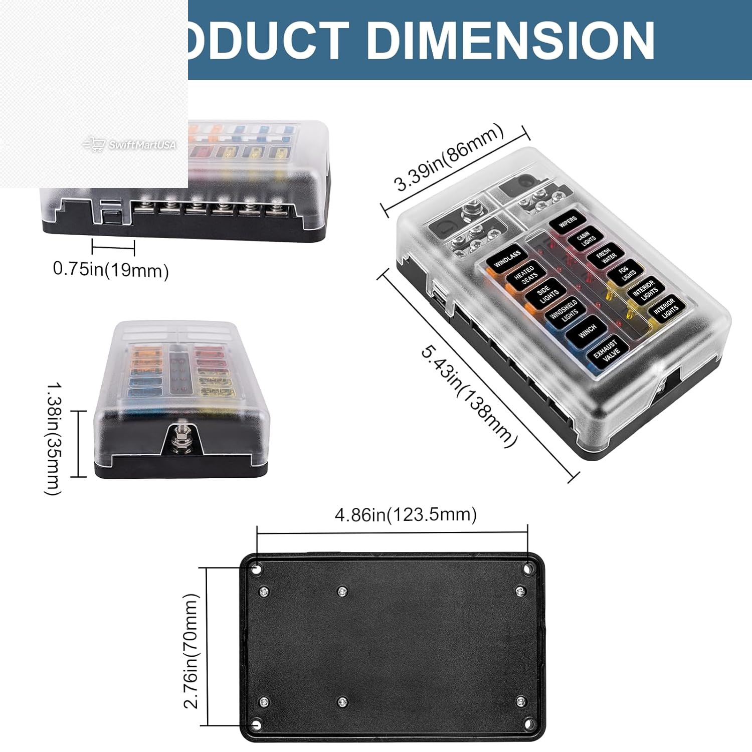 12 Way Fuse Block 12V Marine Fuse Box LED Indicator Automotive Blade Panel 24Pcs