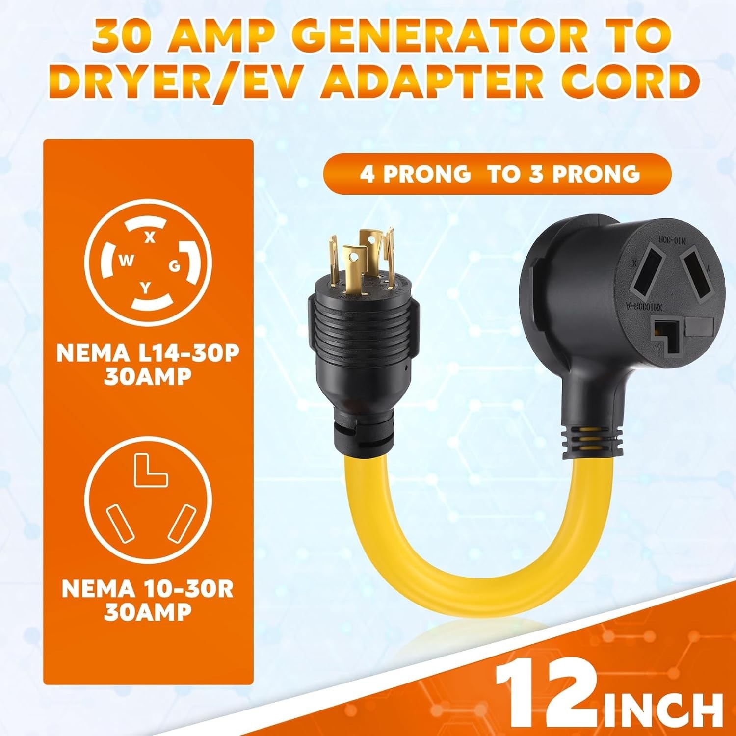 Generator to Dryer Adapter Cord NEMA L14-30P to 10-30R 30 Amp, ETL Listed, 4 …