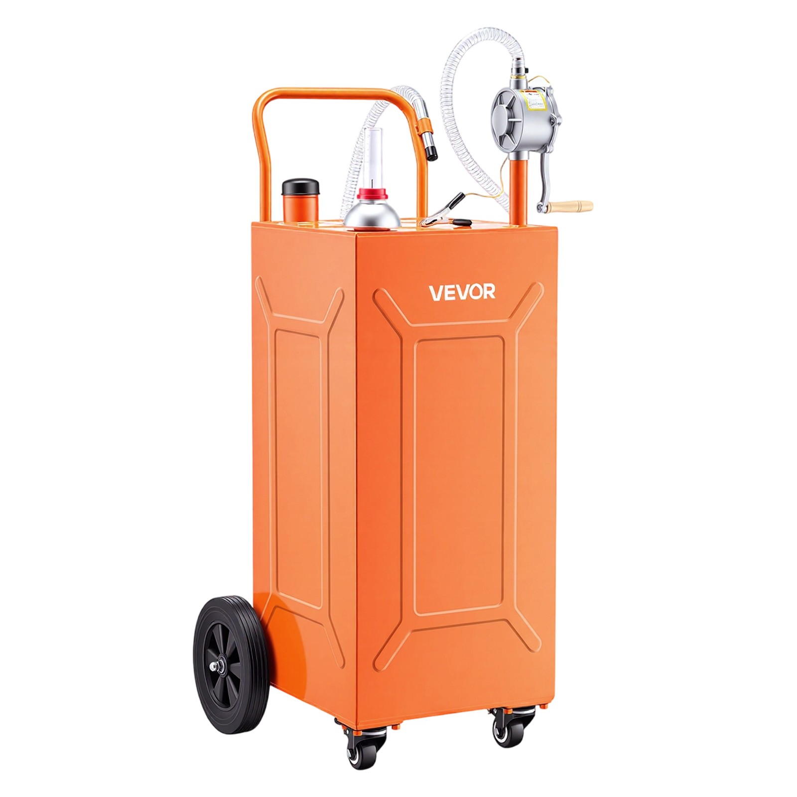 VEVOR 35 Gal Fuel Gas Caddy Portable Storage Tank Manual Pump 4 Wheels Orange