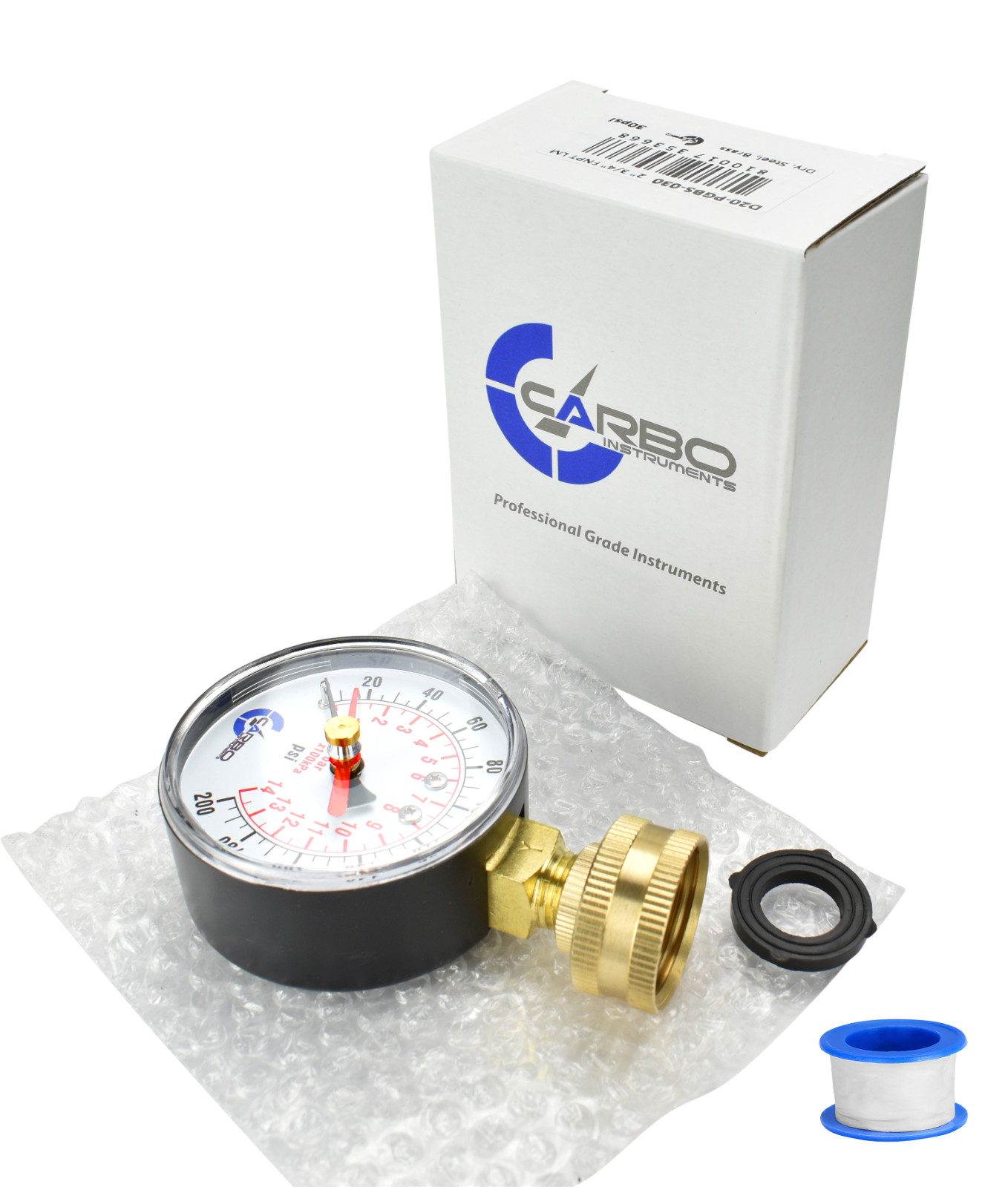 CARBO Instruments 2-1/2″ Water Pressure Test Gauge 200 psi, 3/4″ Female Hose
