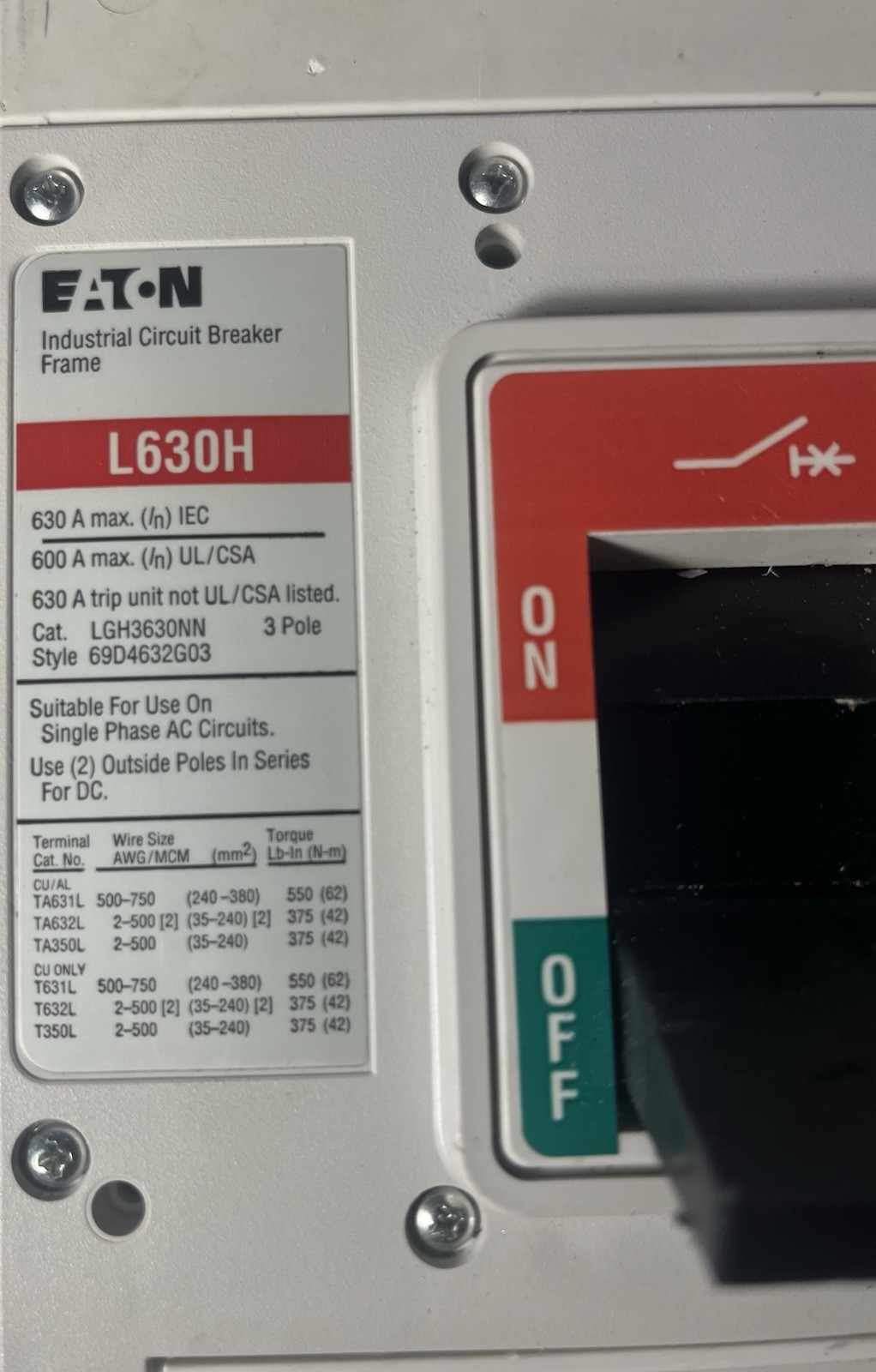 Eaton L630H LGH3630NN 3 Pole 600 Amp 600V Circuit Breaker