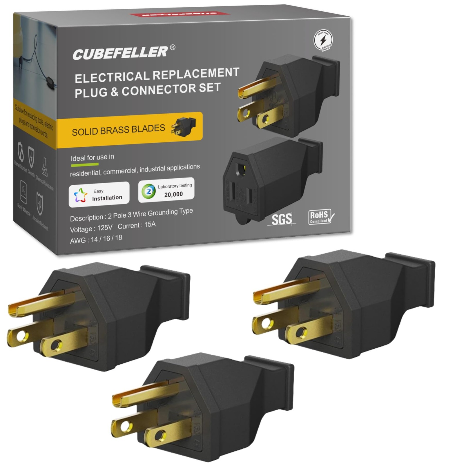 CUBEFELLER® Extension Cord Ends Male Kit, Replacement Plug, 15Amp, black