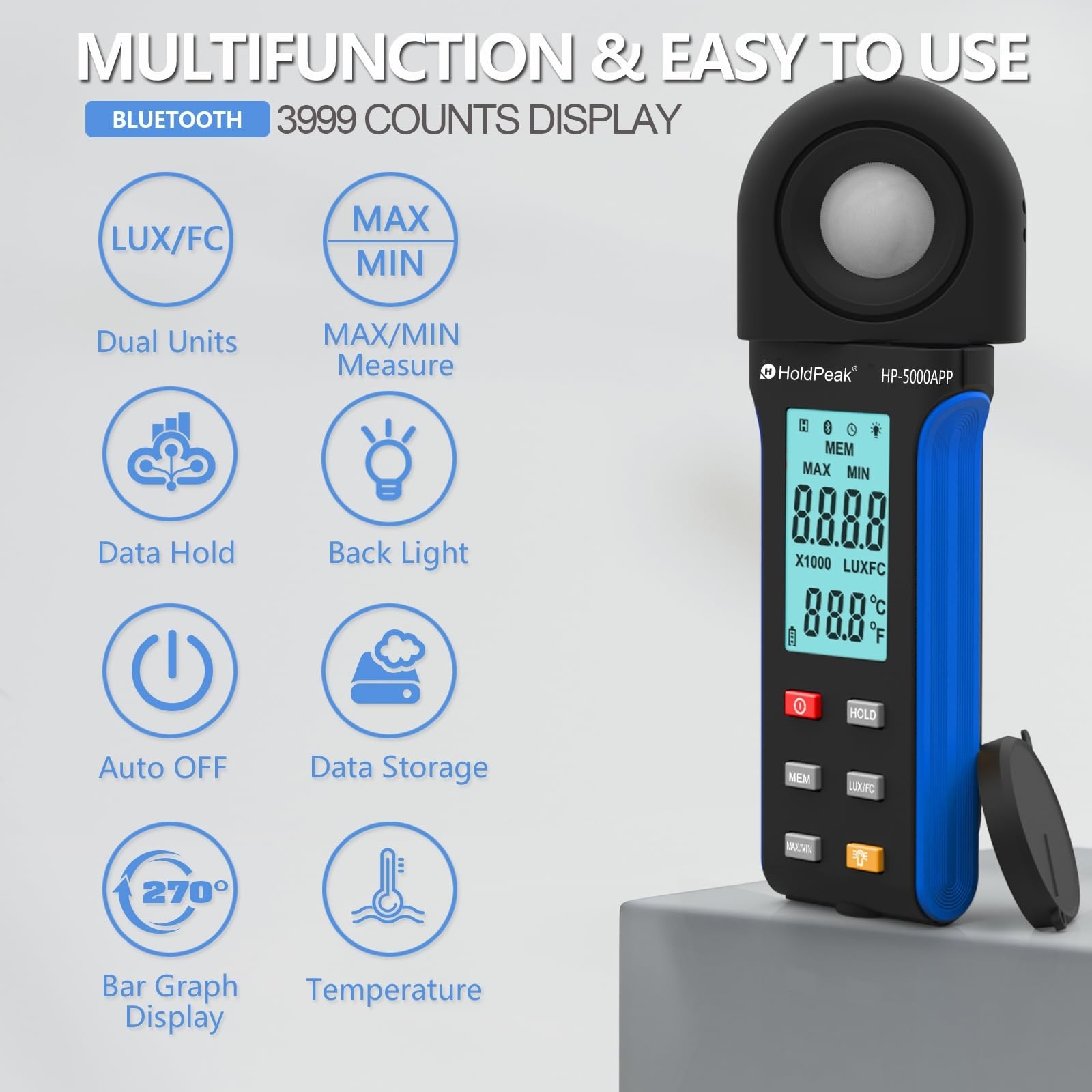 HoldPeak Illuminance Light Meter with Bluetooth, Digital Lux Foot Candles Met…