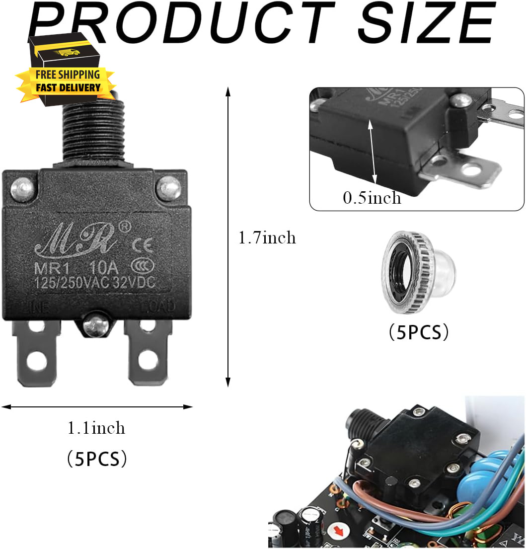 5 PCS , 125/250V AC 32V DC 10A Circuit Breaker with Manual Reset Push Button, Ov