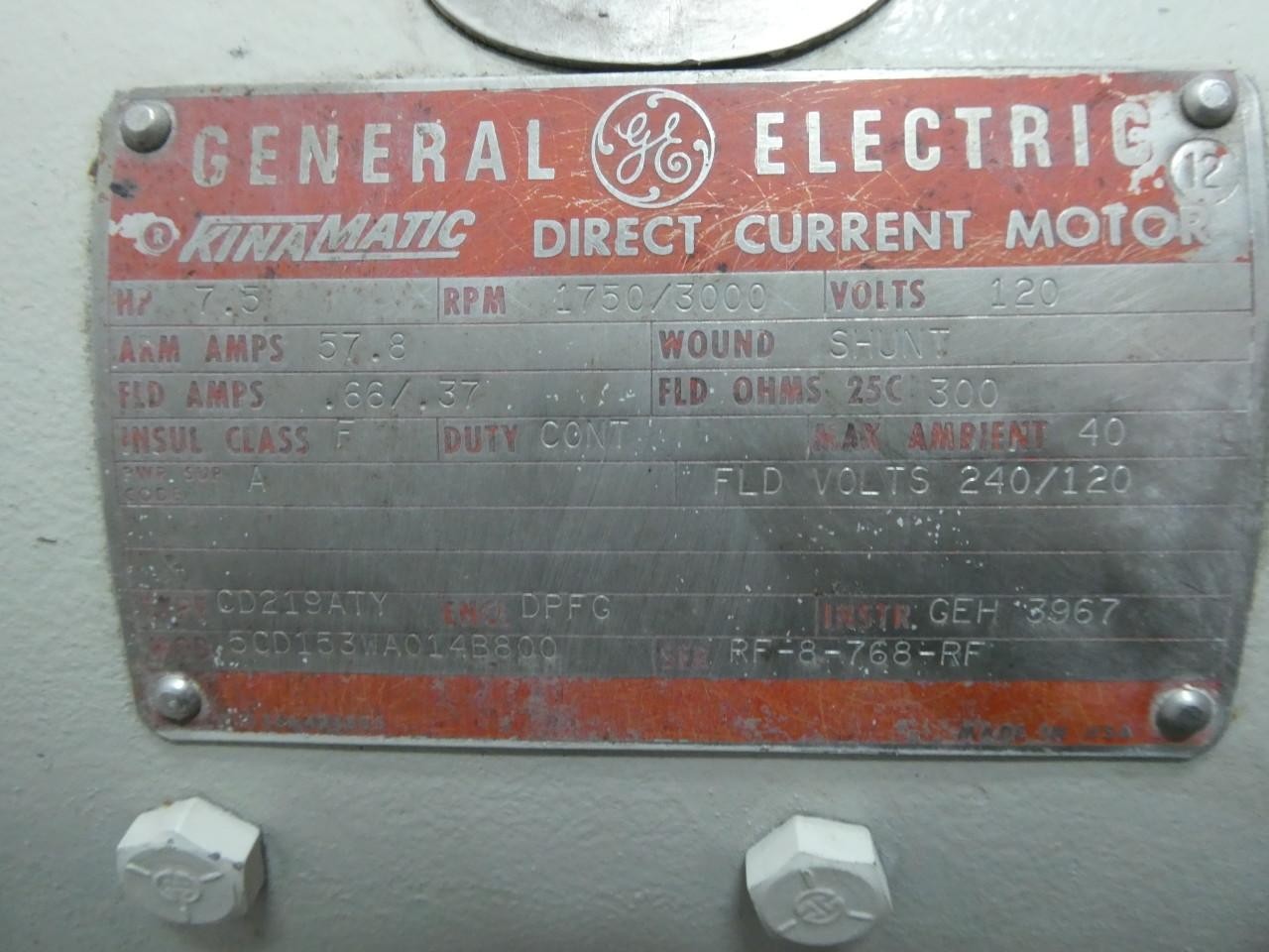 General Electric 5CD153WA014B800 Kinamatic Motor Cd219aty 7.5hp 3000rpm 120v-dc