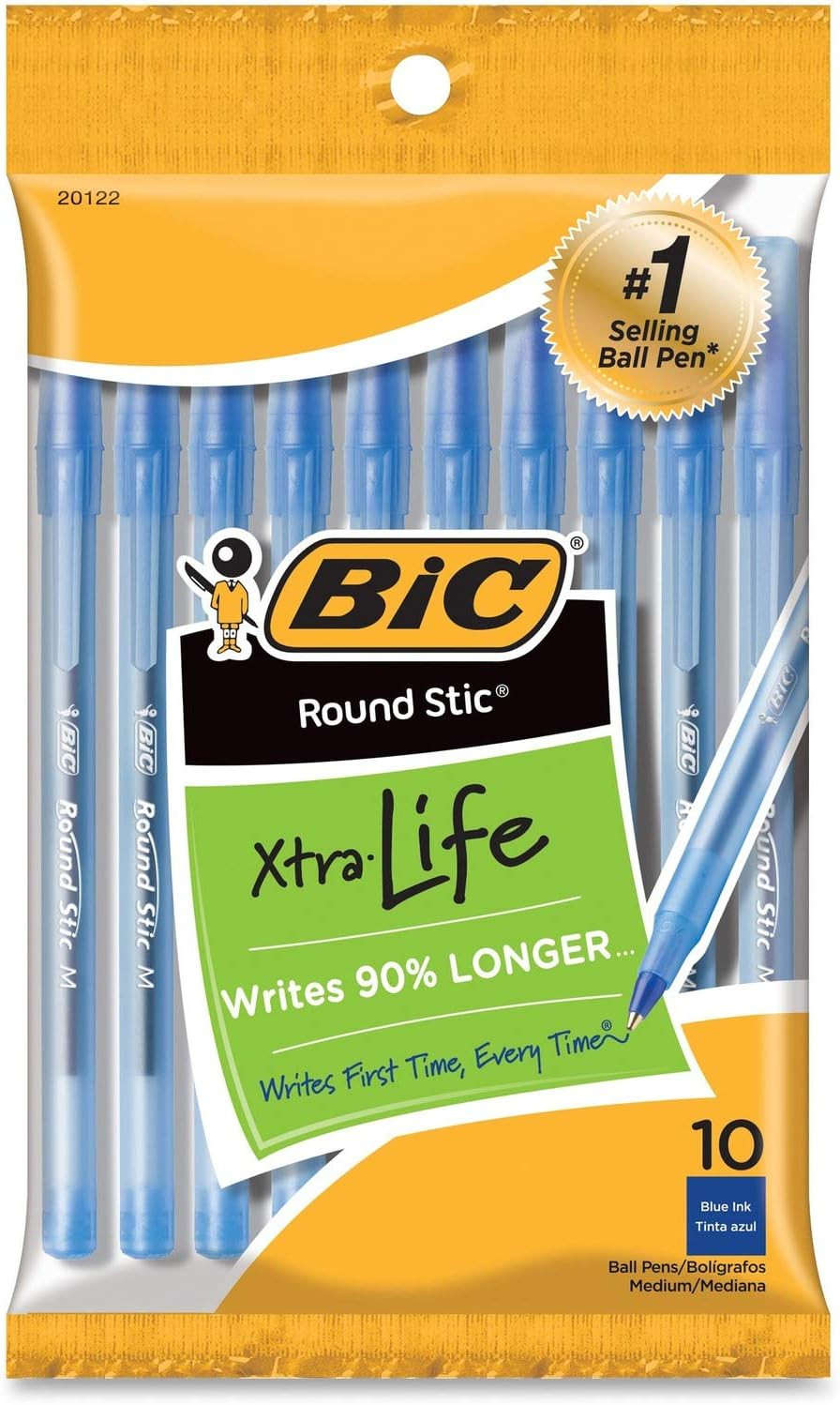 Round Stic Xtra Life Blue Ballpoint Pens, Medium Point (1.0mm), 10-Count Pack of
