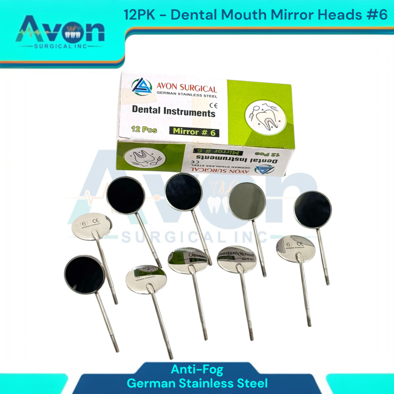 #6 Mouth Mirror Heads for Oral Examinations, Cone Socket, Anti-Fog – Pack of 12