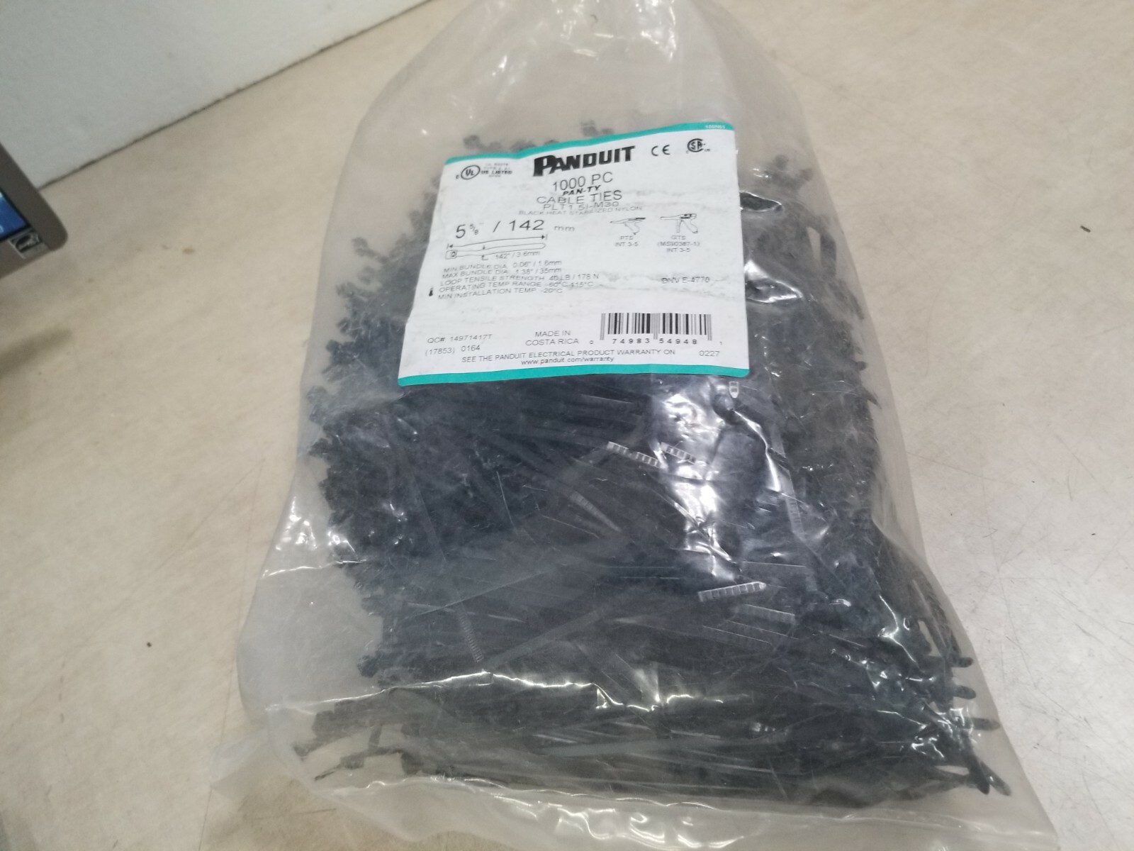 1000 Cable Ties Panduit Pan-Ty 5.6″ 40LB Black Weather Resist Nylon PLT1.5I-M30