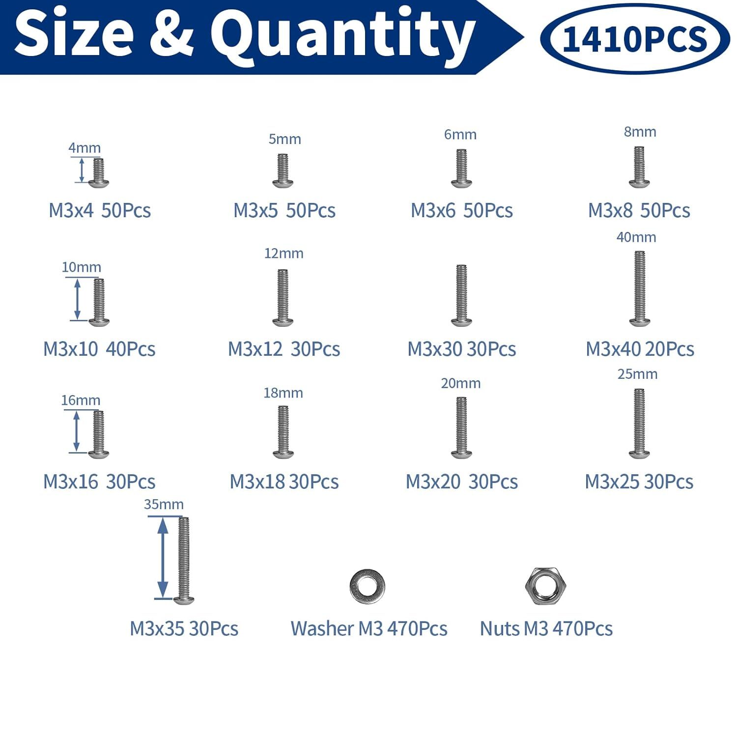 1410PCS M3 Hex Button Head Socket Cap Bolts Screws Washers Nuts Assortment Kits