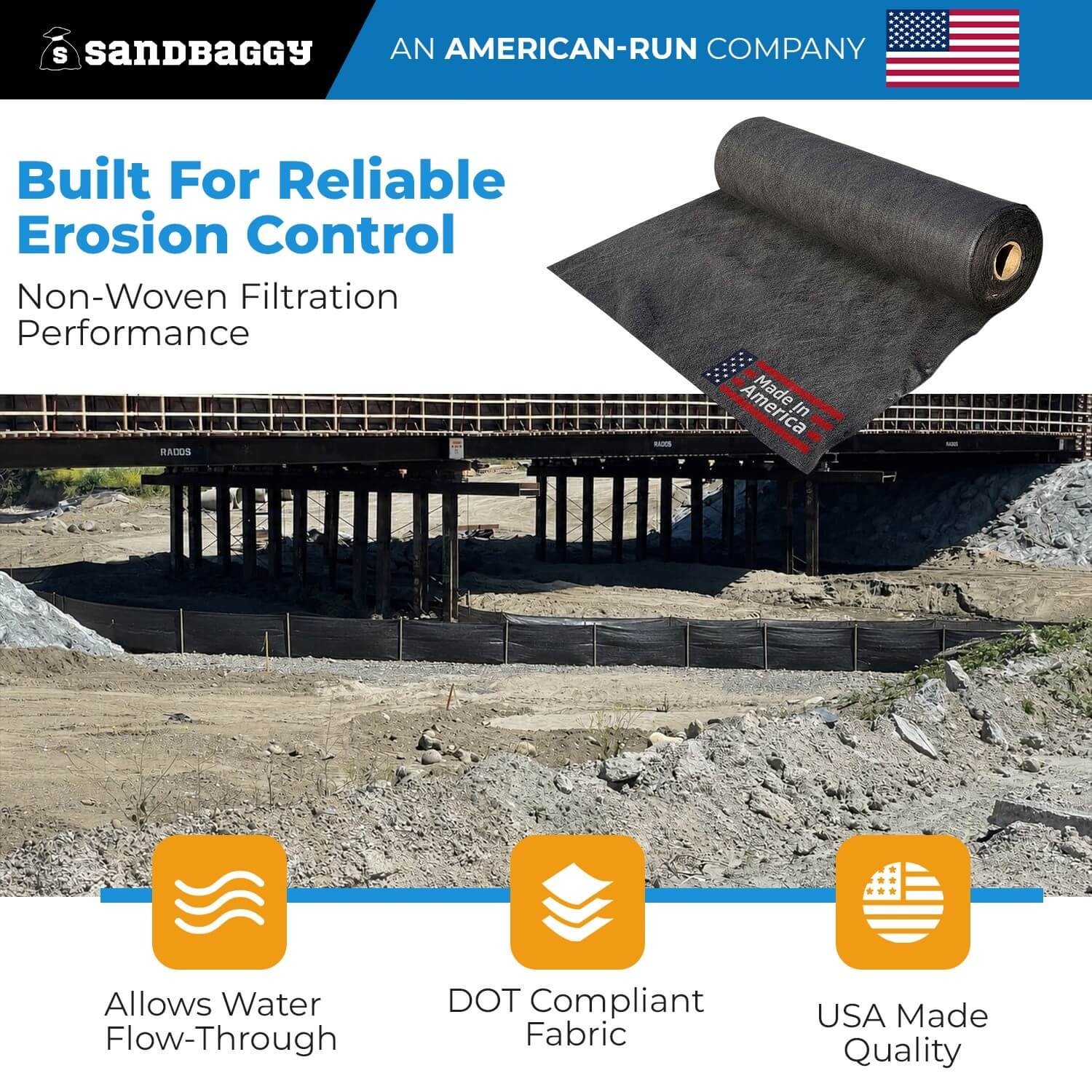 BULK 3′ x 100′ Non-Woven Geotextile Silt Fence Roll–4 oz Erosion Control Barrier