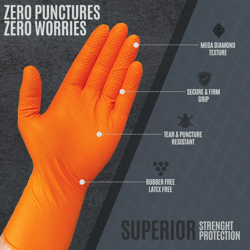 8 Mil Heavy Duty Orange Nitrile Gloves Diamond Textured Disposable Work Mechanic