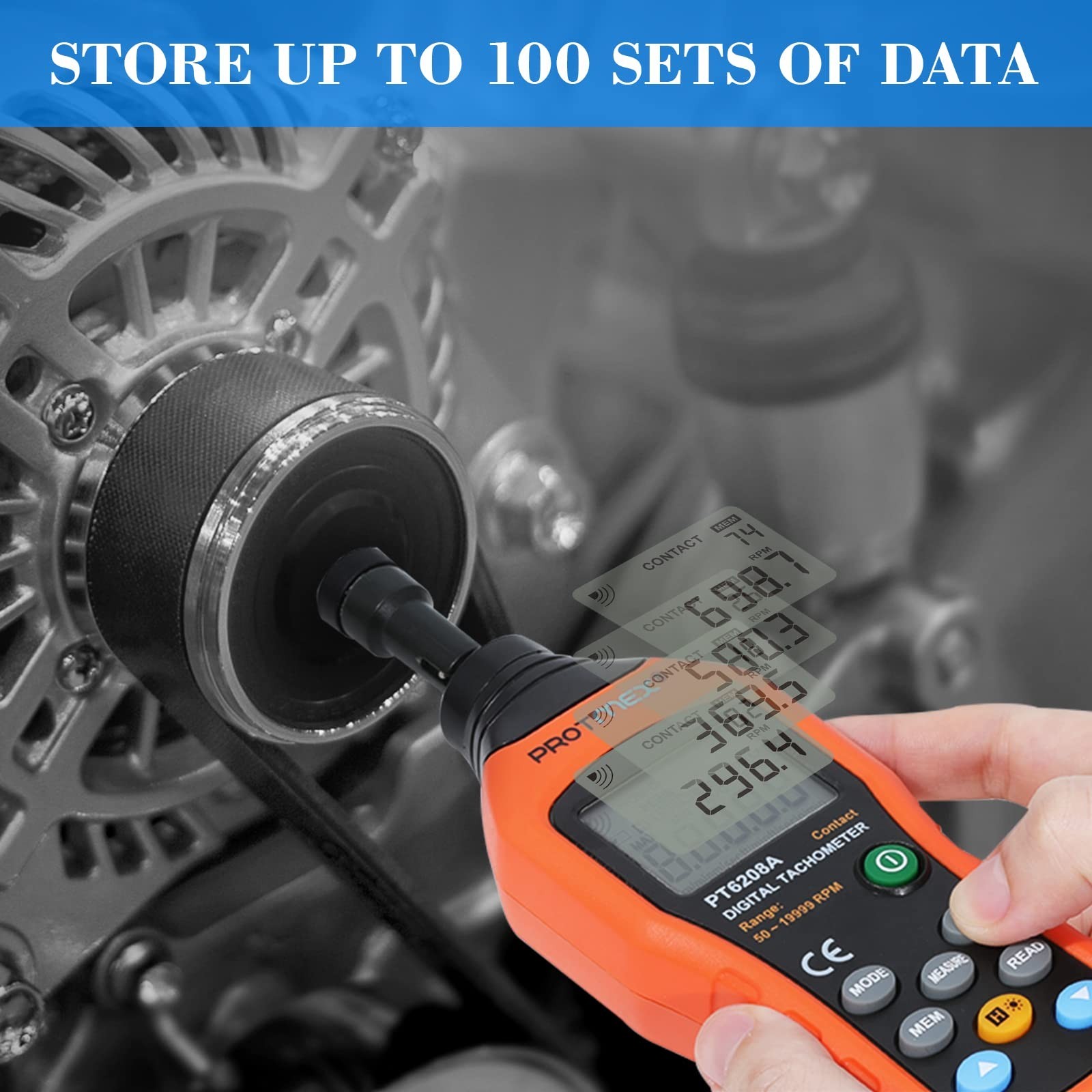 Digital Contact Tachometer 50-19999RPM Speed Meter | Data Logging, Max/Min/AVG,