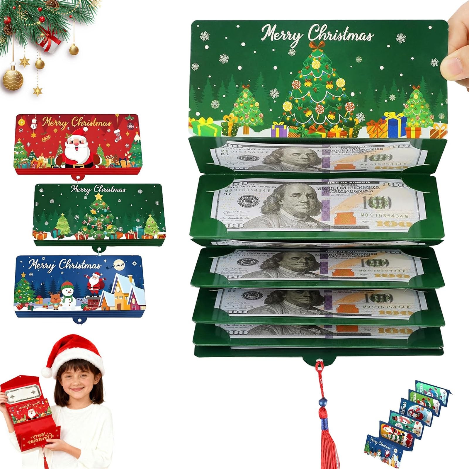 3PCS Christmas Cash Gift Envelope, 2026 New 6.69″ x 28.35″, Green+Red+Blue