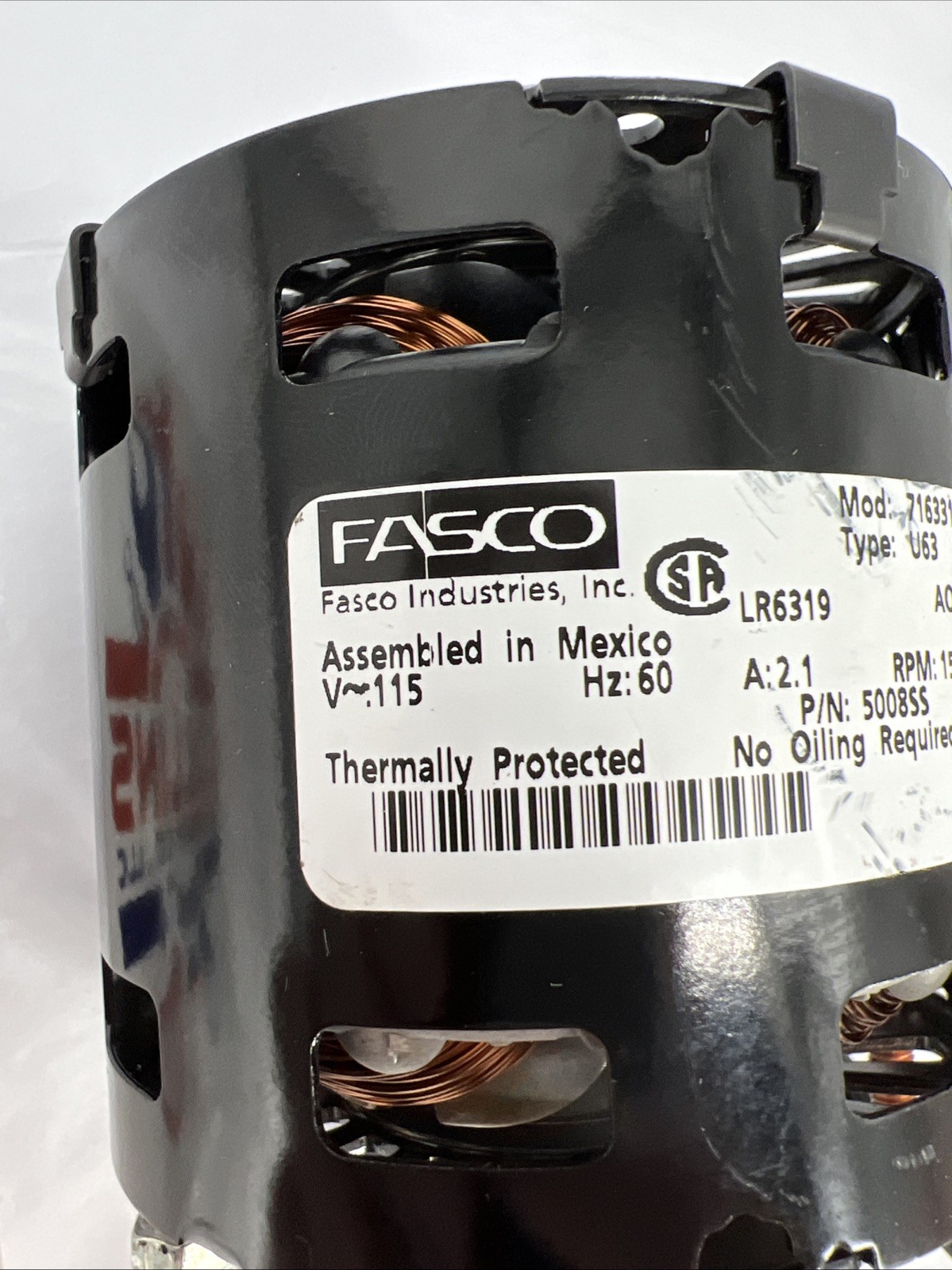FASCO 71633181 Inducer Fan Motor, Type U63, 115V, 60Hz, 5008SS, 2.1A, LR6319