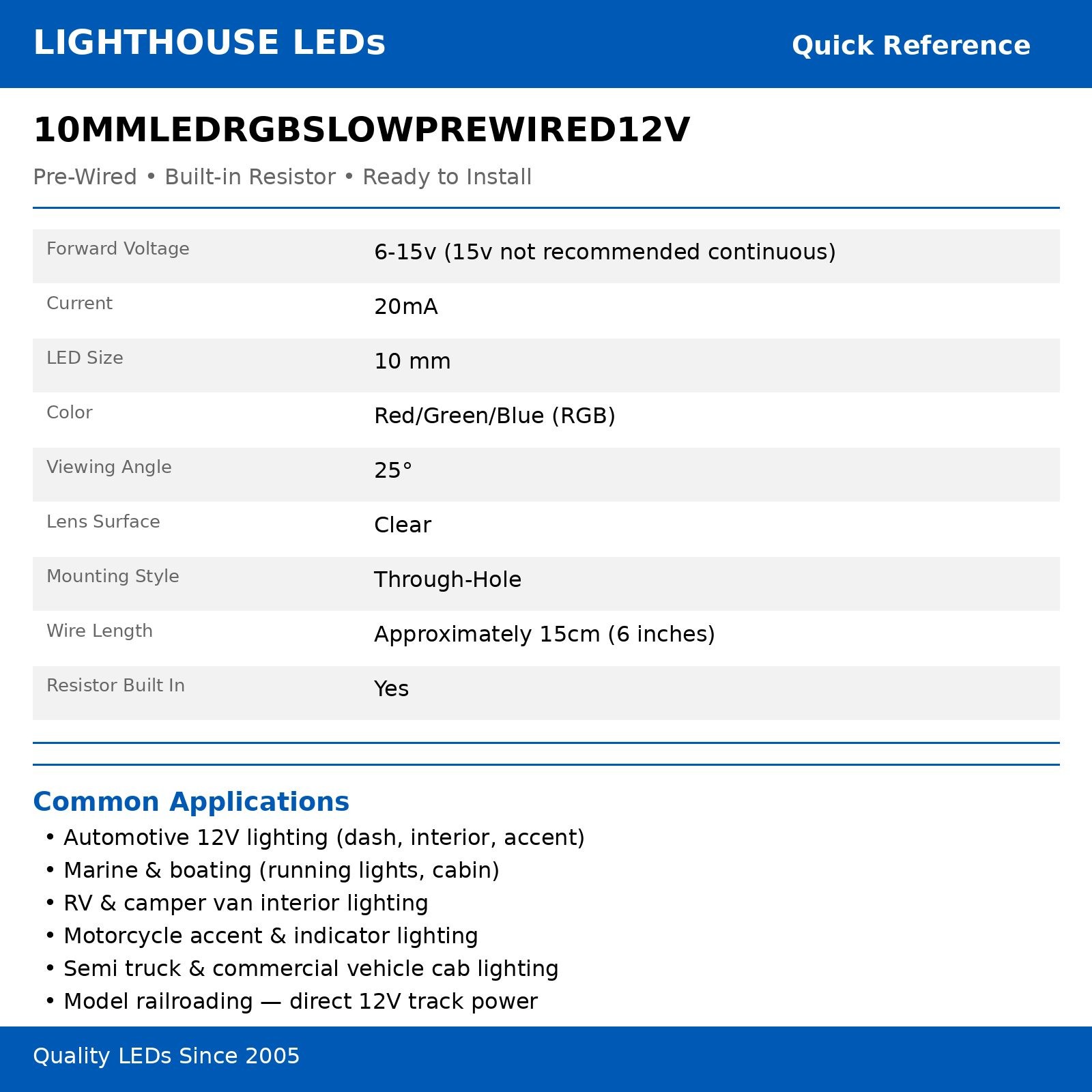 5 x Pre Wired 12v 10mm RGB Slow Change LEDs Prewired 12 volt LED 11v 13v 14v 15v