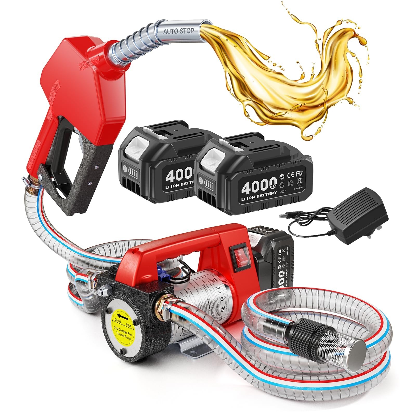 Portable 12GPM Battery-Powered Fuel Transfer Pump Kit with Auto-Off Nozzle & Hos