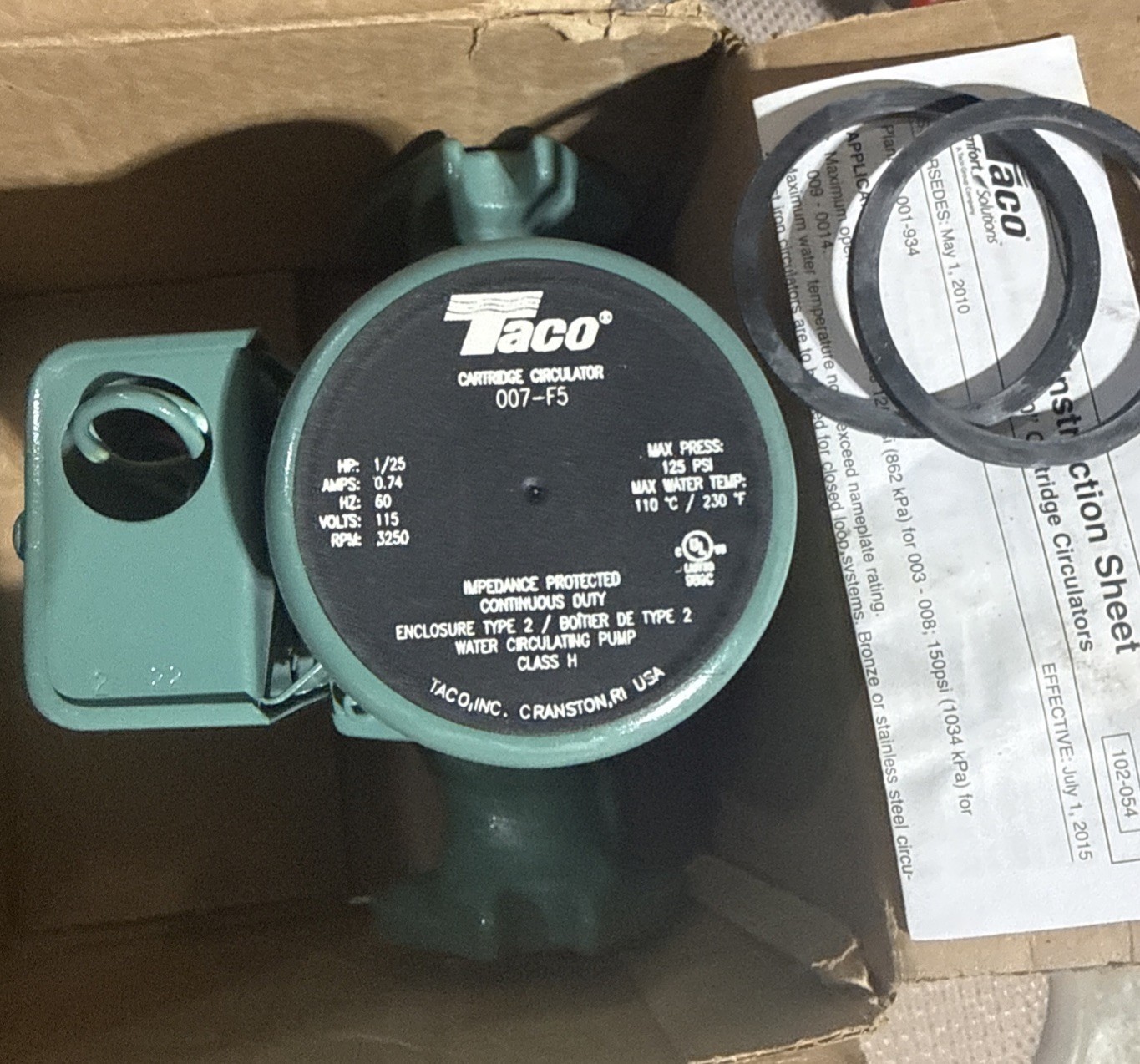 Taco 007-F5 Cast Iron Circulator, 1/25 HP