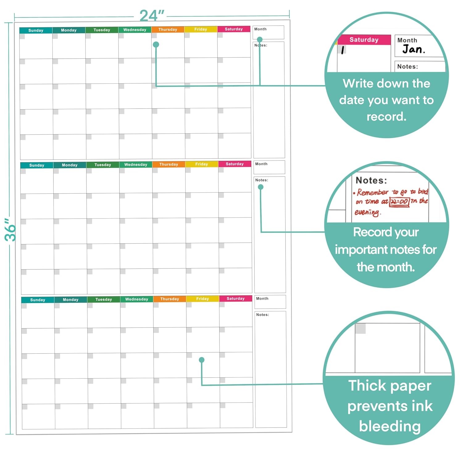 24″ x 36″ Dry Erase Wall Calendar large – Undated 3-Month Agenda Planner Calenda