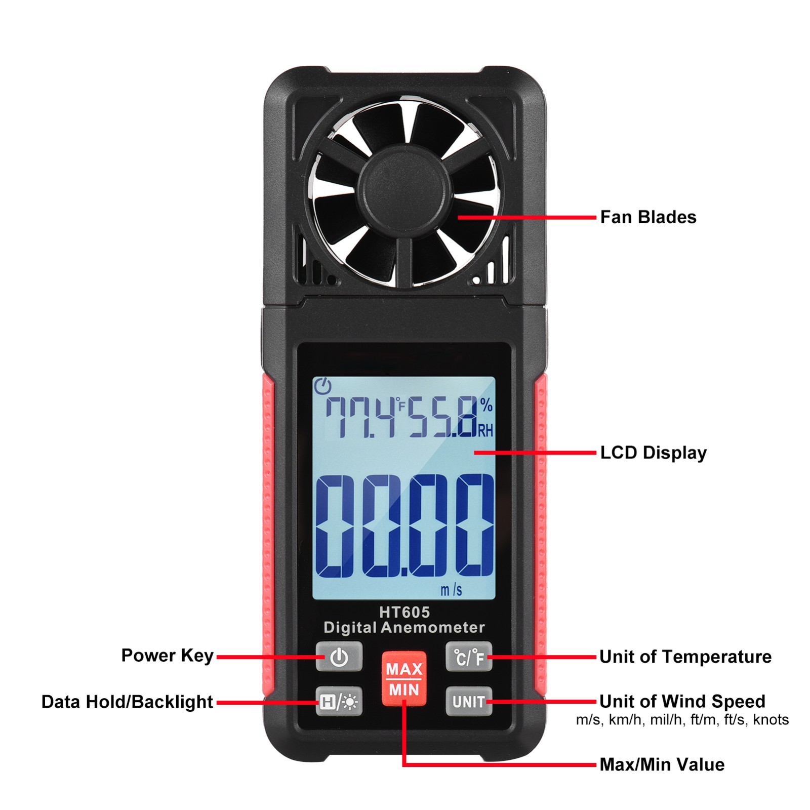 Handheld Anemometer, Digital Wind Gauges Wind Speed Meter, Backlit LCD, MAX/MIN