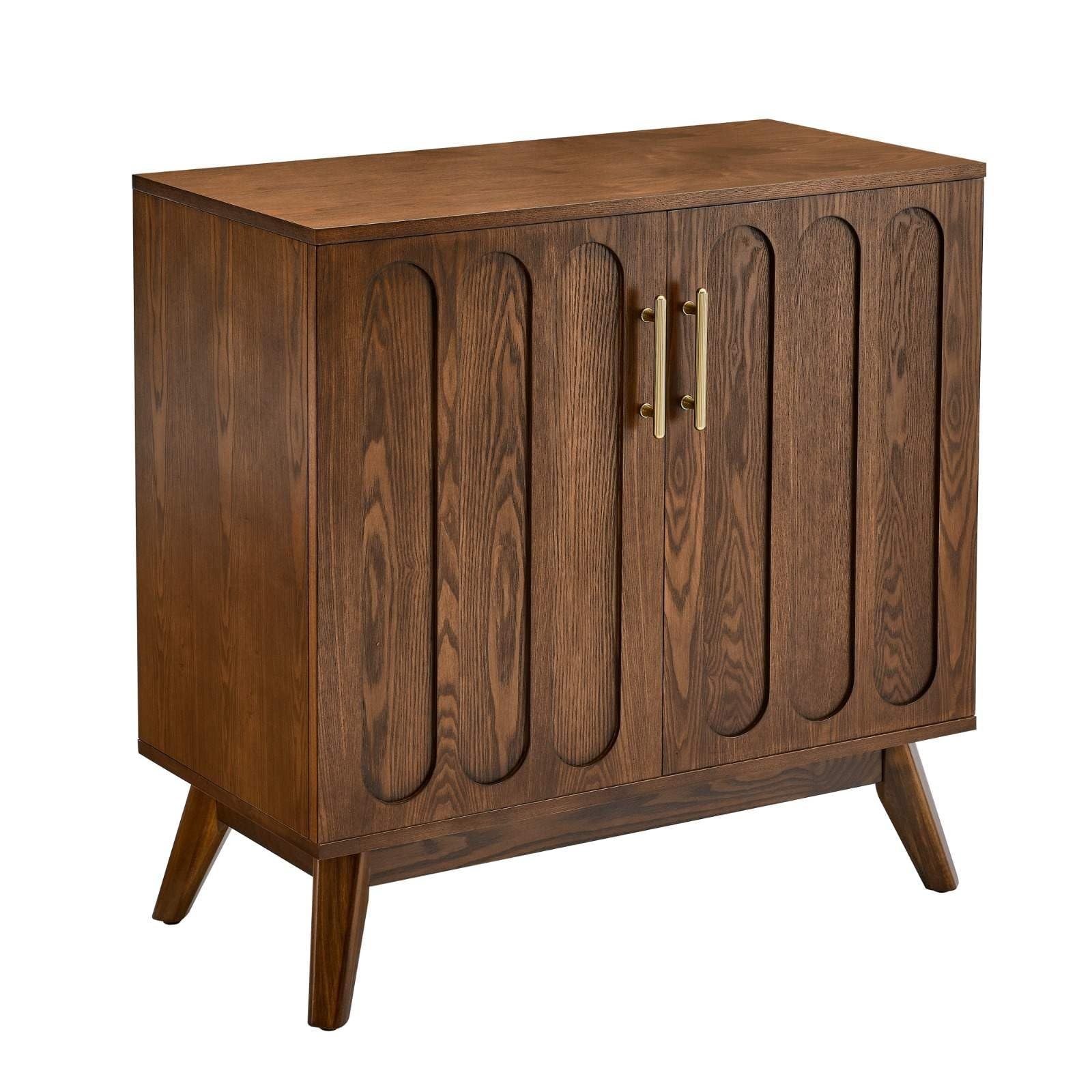 Vintage Fluted Accent Cabinet Walnut Double Door Adjustable Shelves Gold Handles
