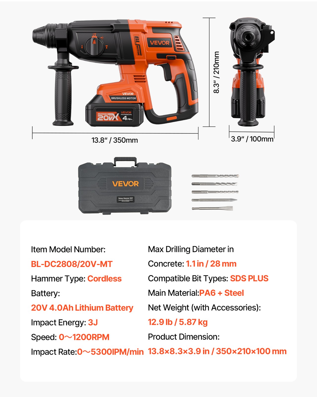 VEVOR 20V SDS-Plus Brushless Cordless Rotary Hammer Drill Kit 1.1 In 1200RPM