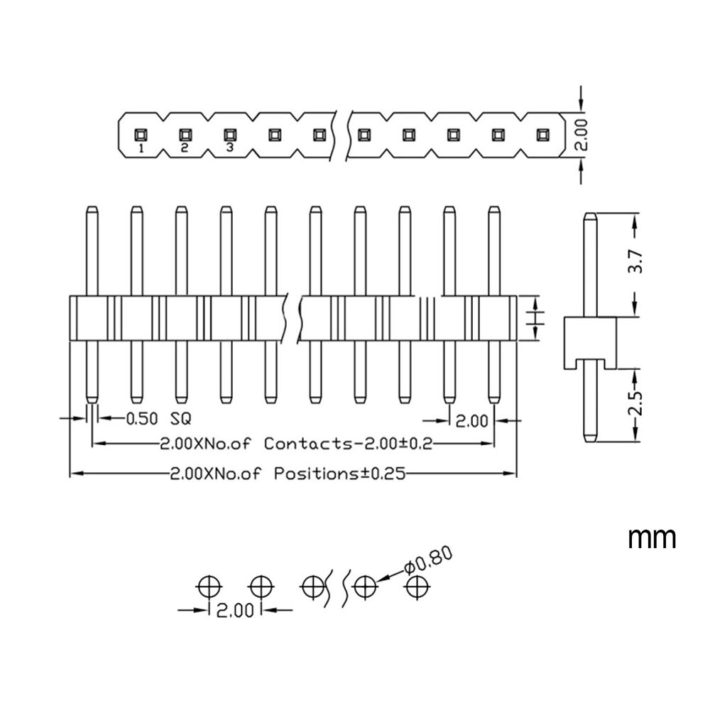 Single Row Male 2-40 Pin Header 2.0mm Breakable Connector Strip Row Straight