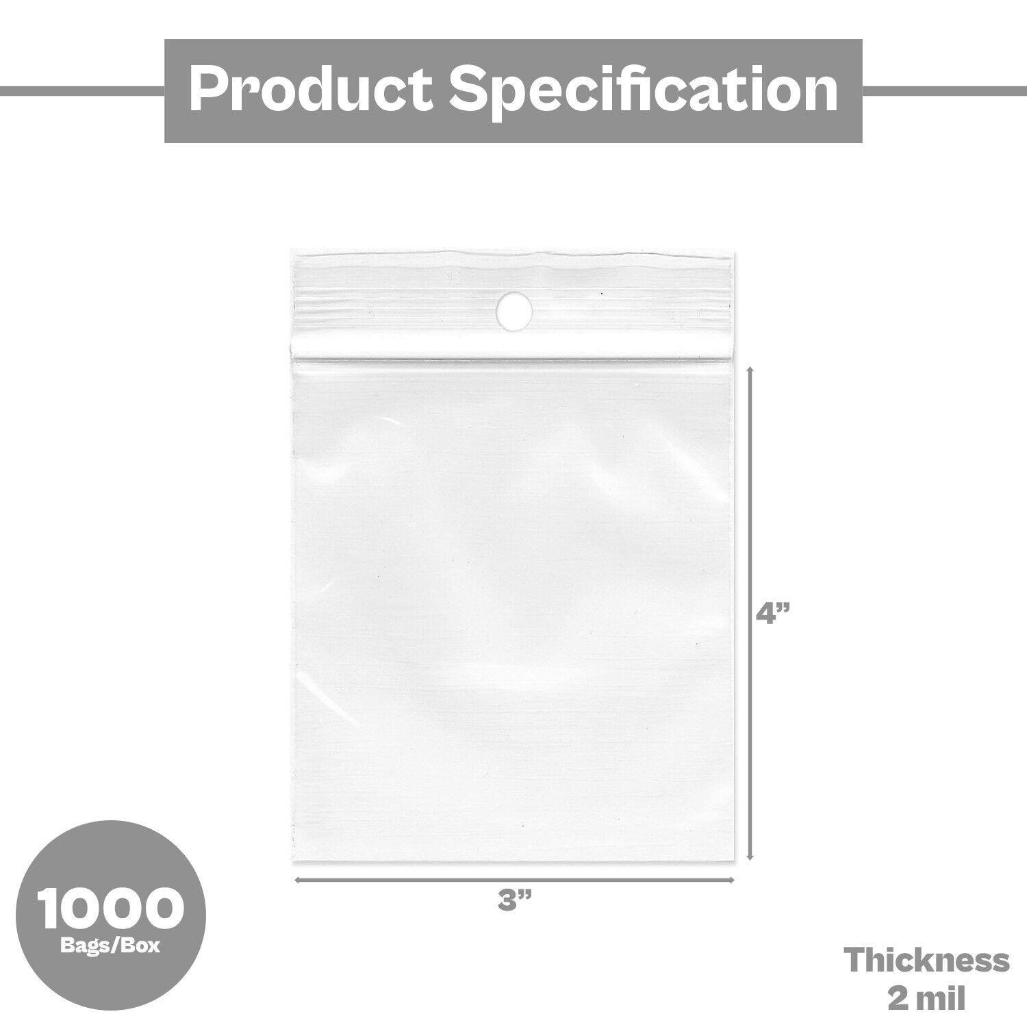 1000 Pack – 2 Mil Reclosable Bag with Hang Hole – 3″ x 4″ (1 Box)