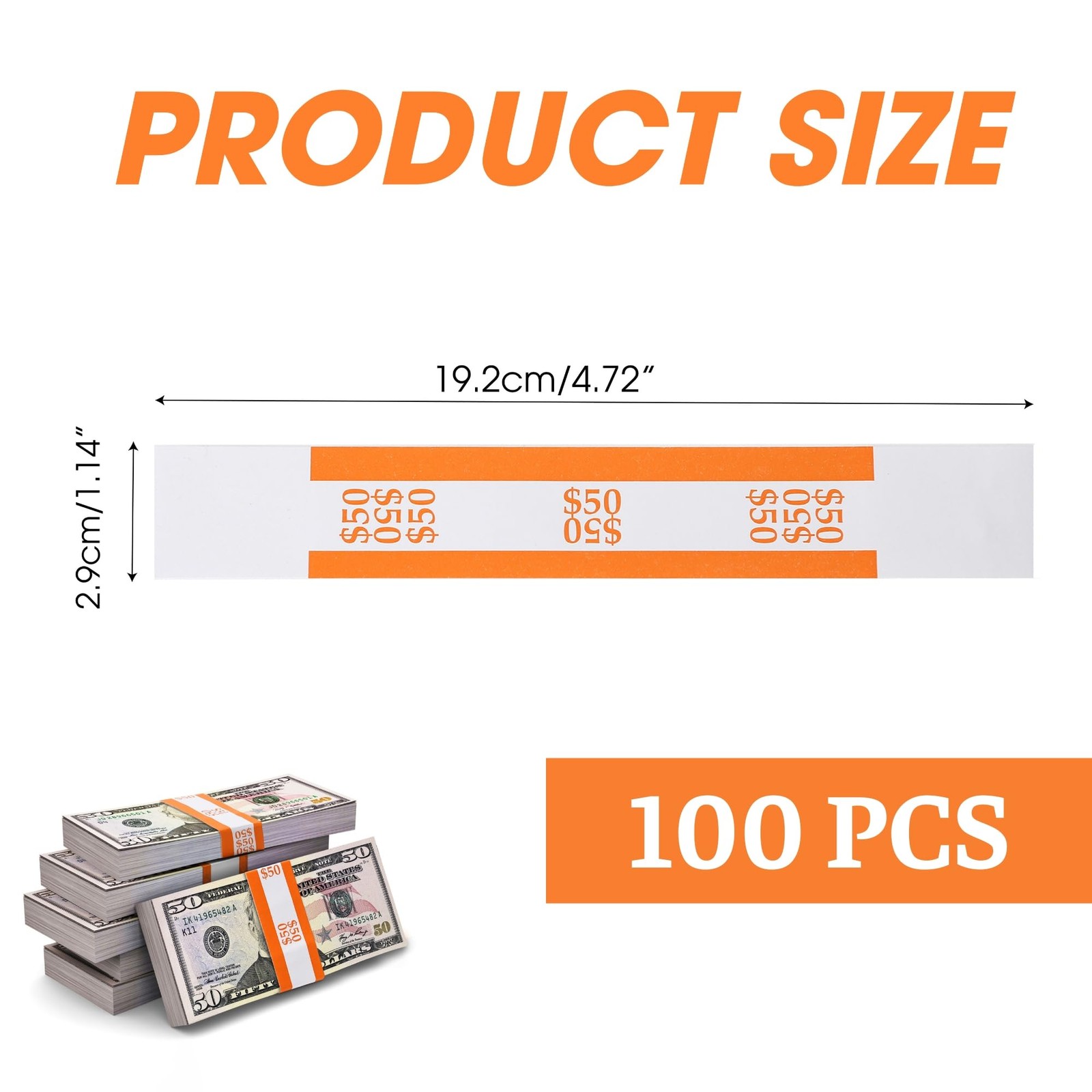 Self-Sealing Currency Straps – Pack of 100 Orange Bands for $50 Bills -…