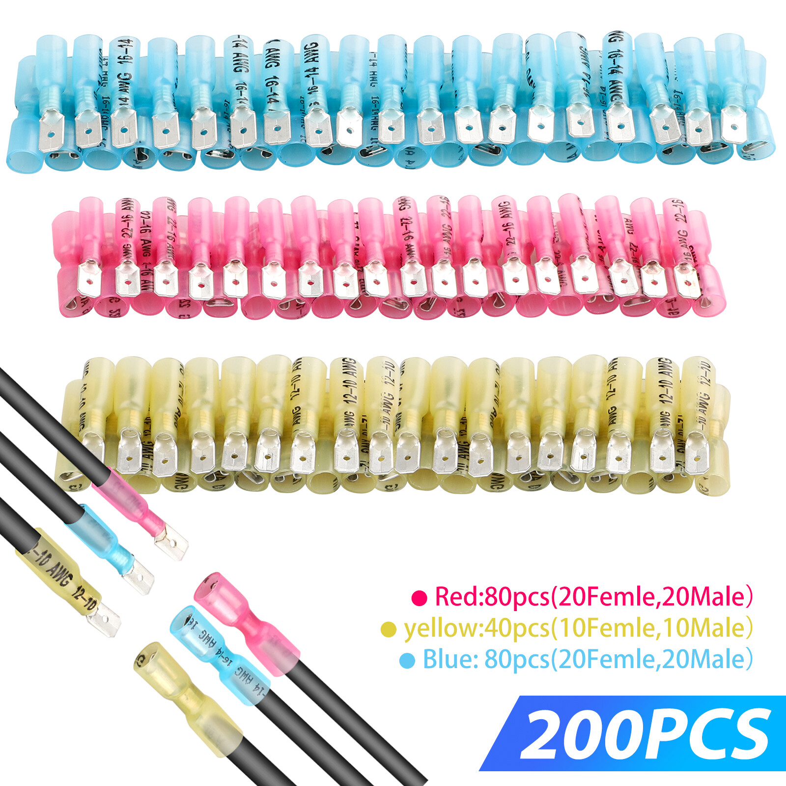 200/100PCS Electrical Heat Shrink Male & Female Spade Wire Connectors Terminals