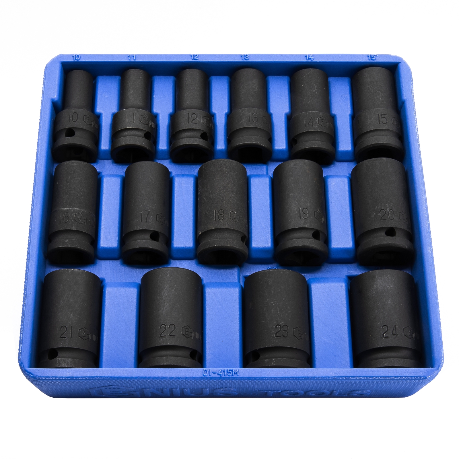 Genius Tools 15 Piece 1/2″ Dr. Metric Semi-Deep Thin Wall Impact Socket Set (…