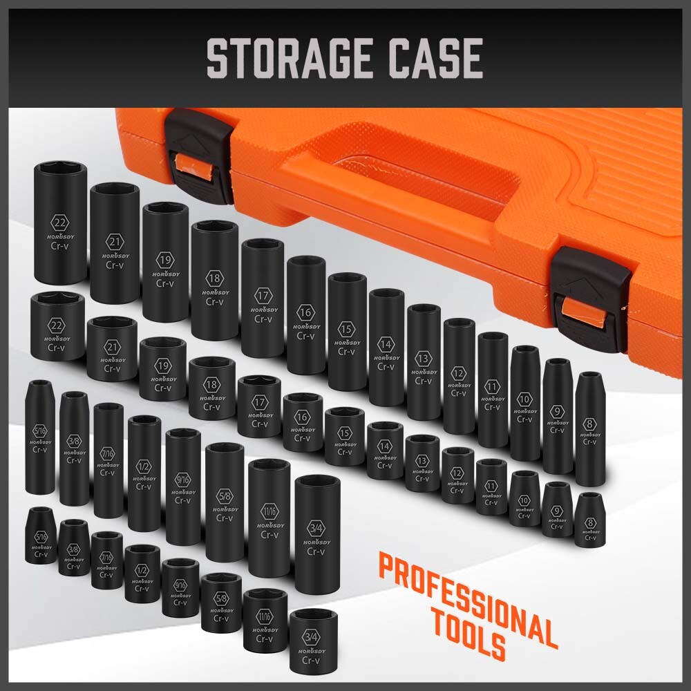 50PCS Impact Socket 3/8″ DR Shallow & Deep SAE & Metric w/ Carry Case