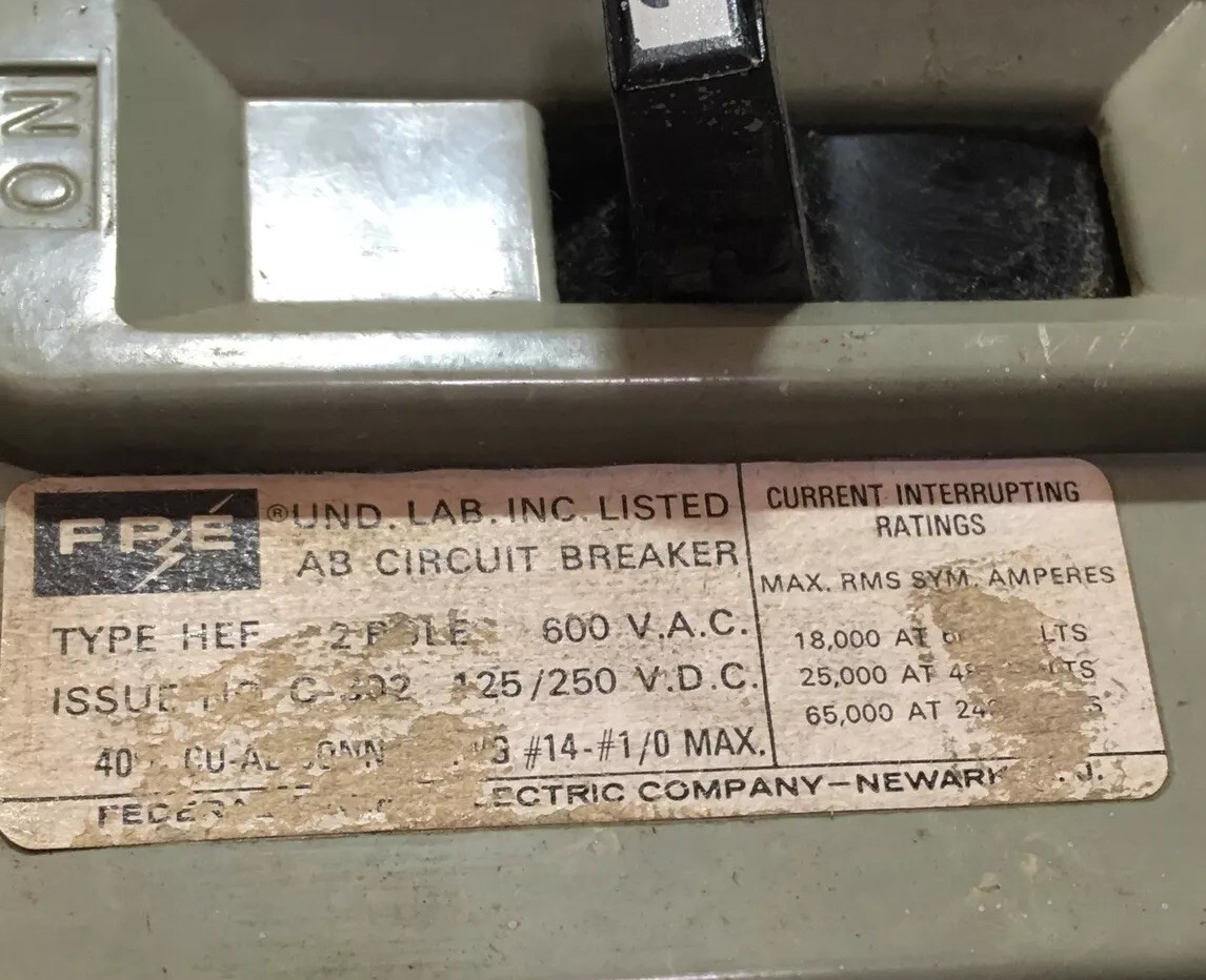FEDERAL PACIFIC Electric HEF621020 20A 600V BREAKER WARRANTY TWO POLE 3P FRAME