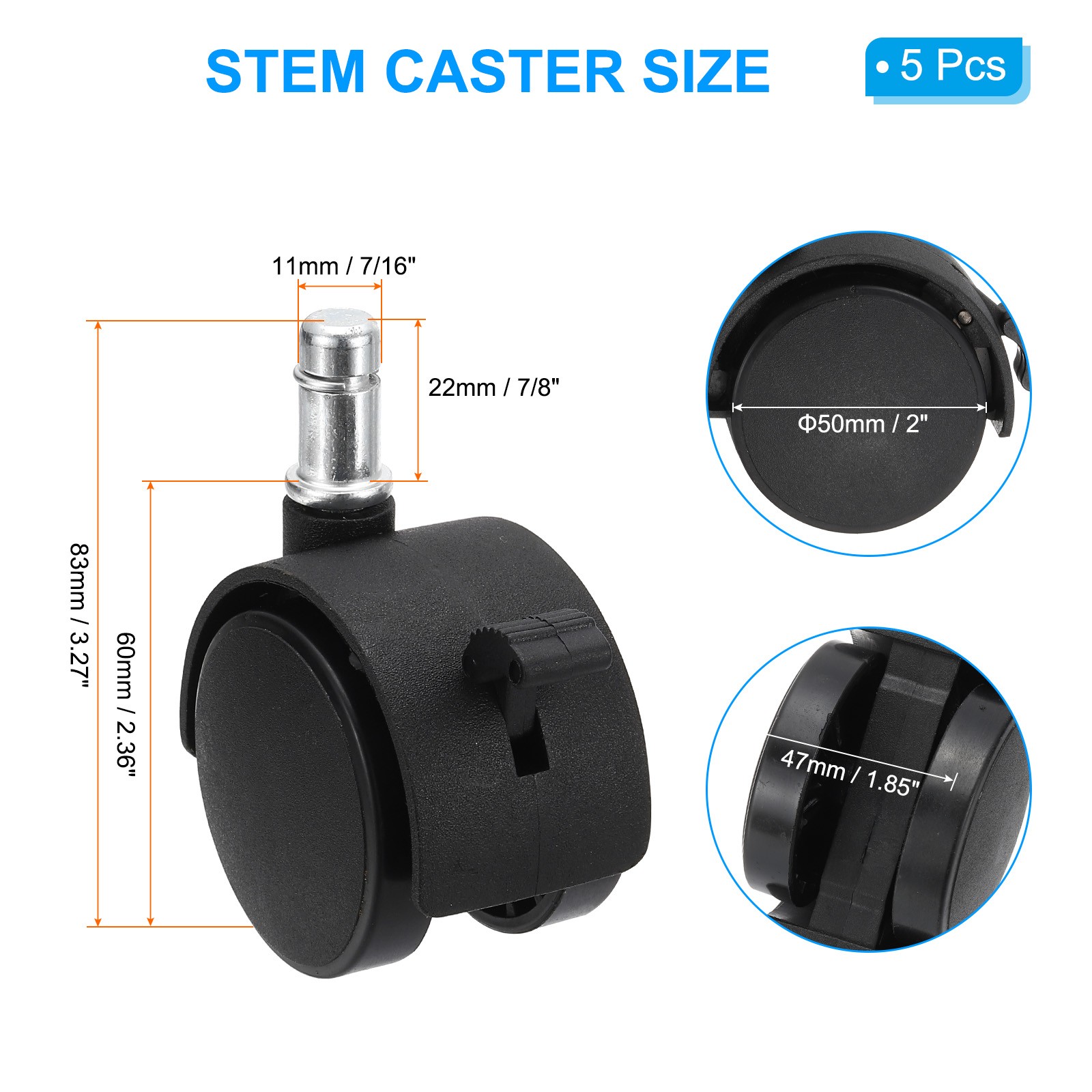 5Pcs 2 Inch Gaming Chair Wheels Replacement Quite Swivel Caster with Brake Black