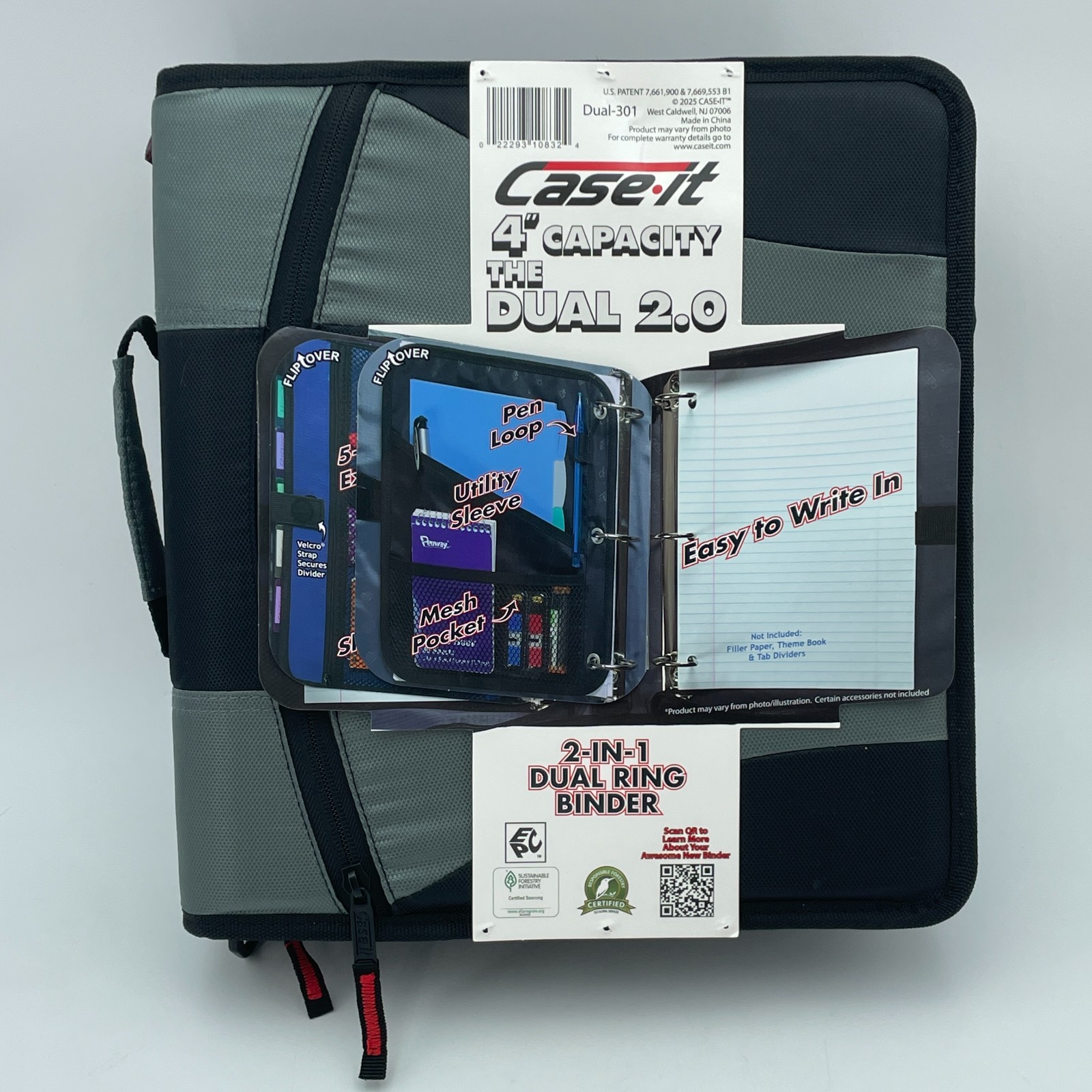 CASE IT Dual 2.0 4in Zipper Binder Black Gray Dual Ring Organizer NEW