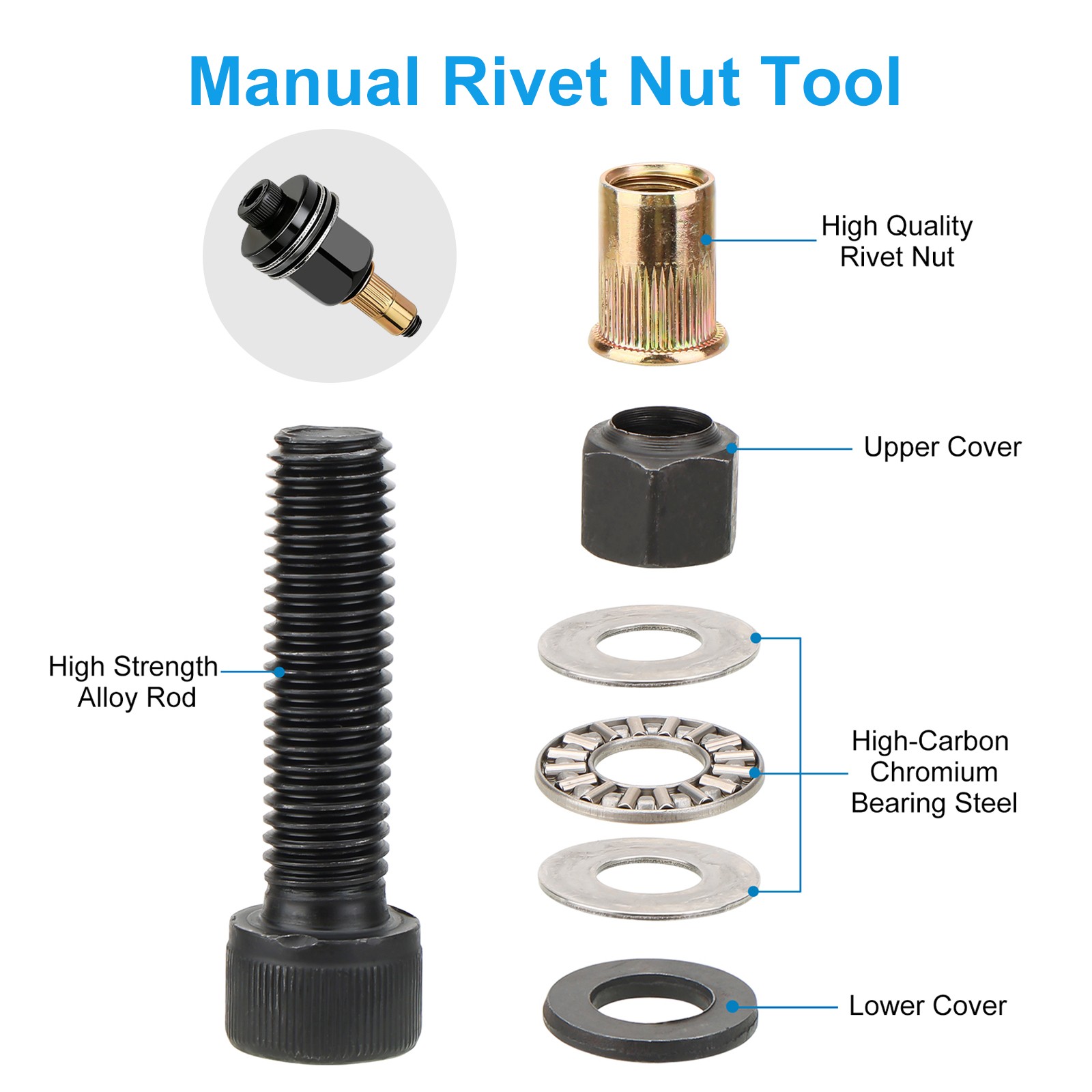 44pcs Manual Rivet Nut Tool Kit M3-M6 Carbon Steel Nutsert Riveting Adapter Set
