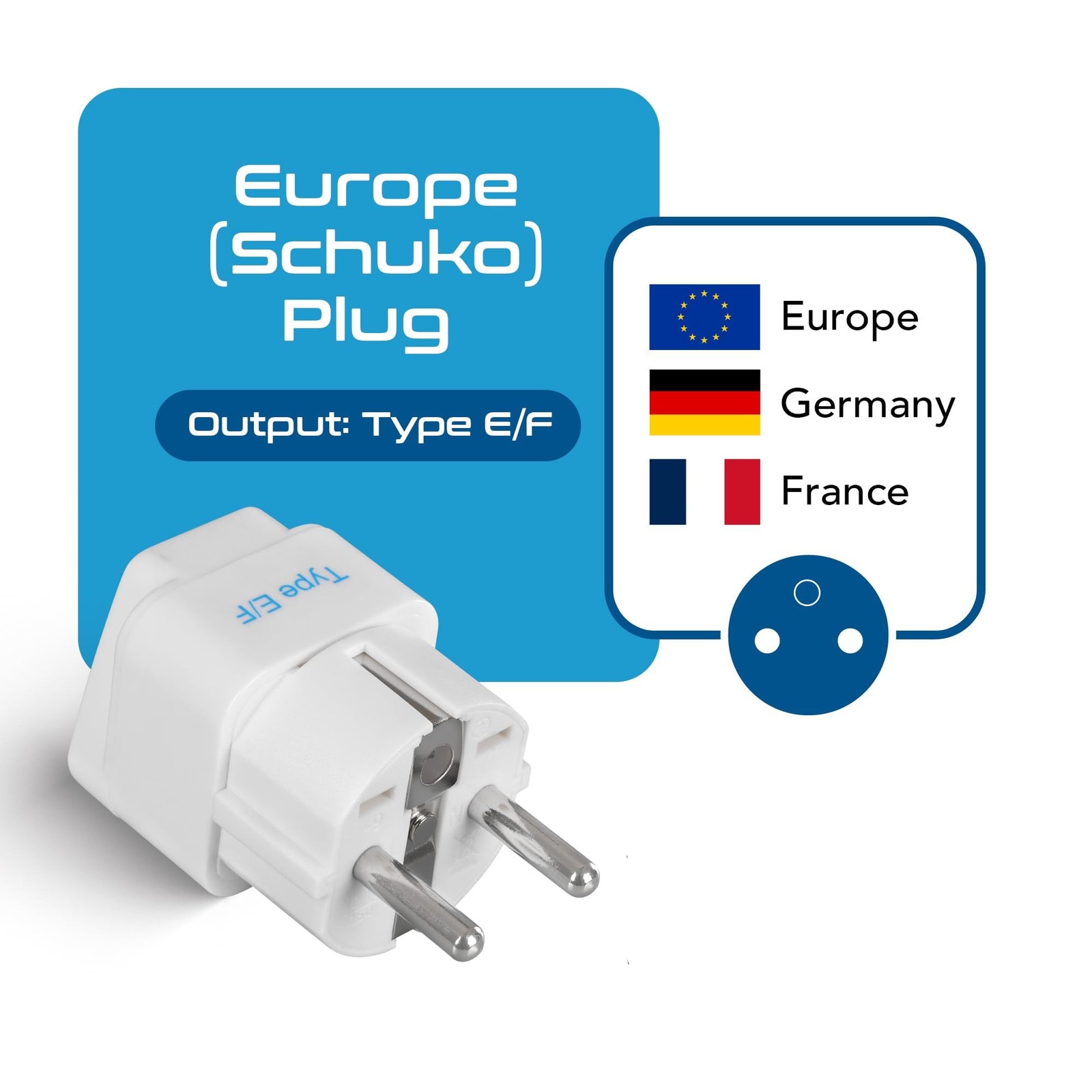 Schuko, Germany France Travel Power Adapter, Grounded European Plug Type E/F…