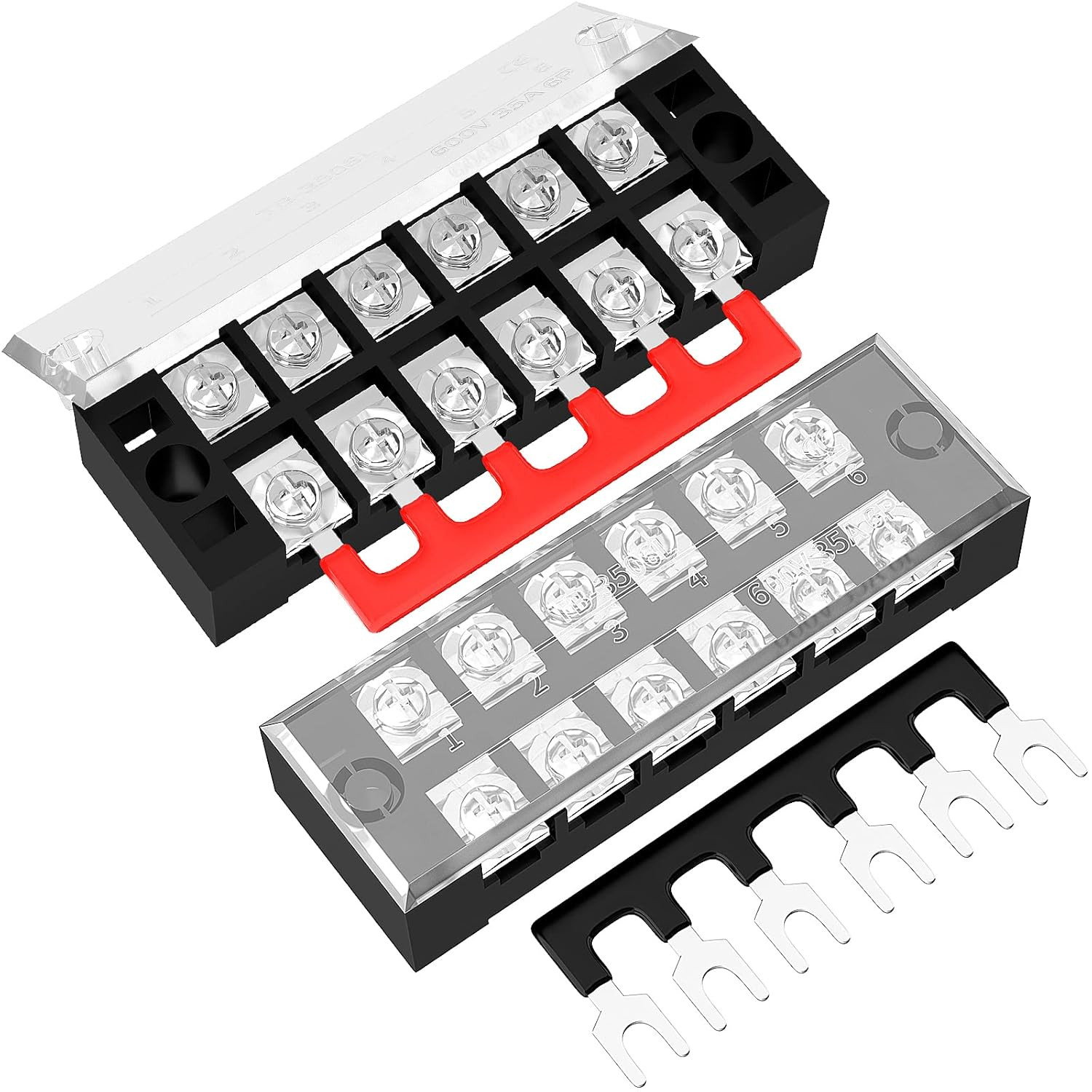 35A Terminal Block 6 Position Screw Terminal Strip Dual Row with Cover & 6 Posit