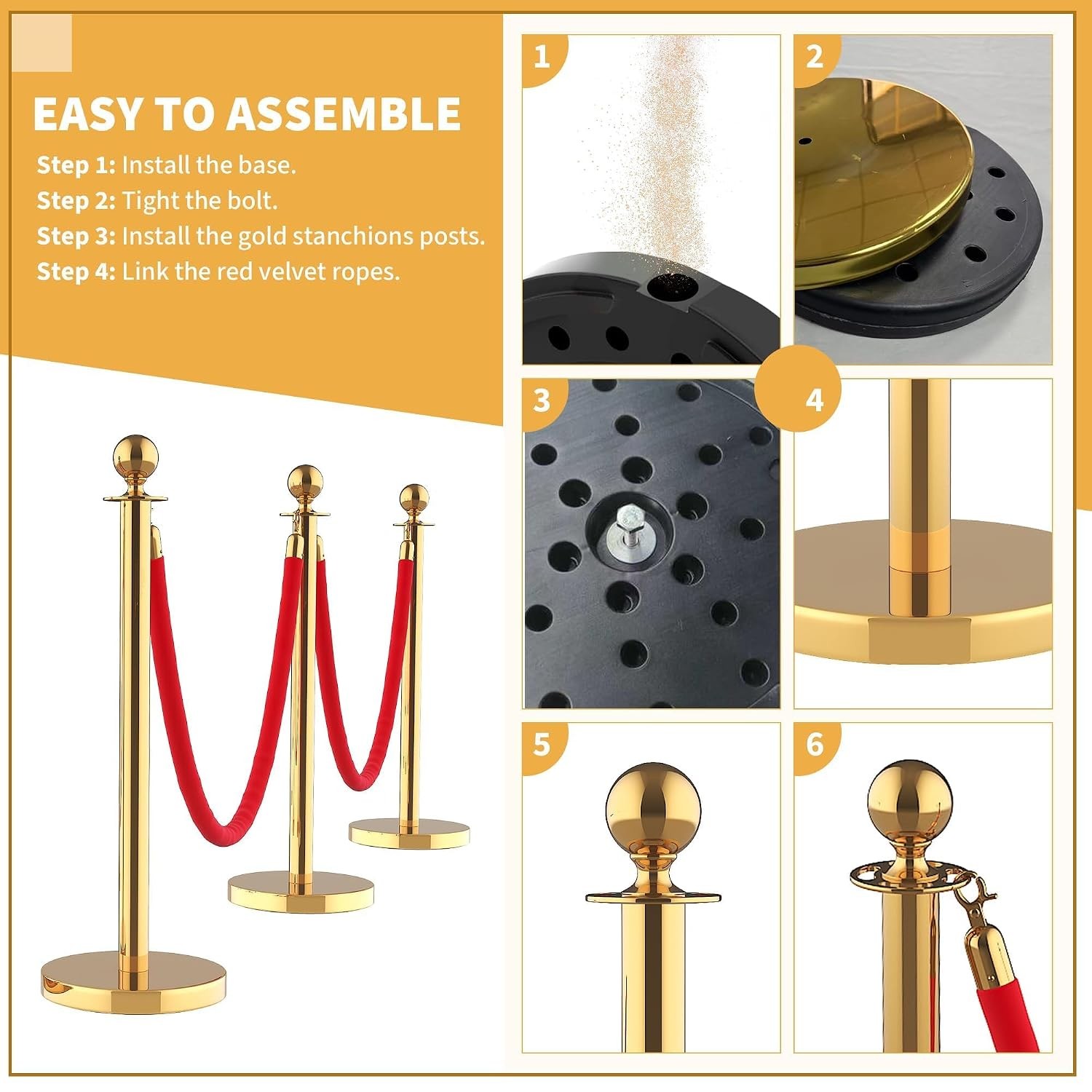 Gold Stanchion Set 5ft Red Velvet Ropes Stainless Steel Crowd Control 8 Piece