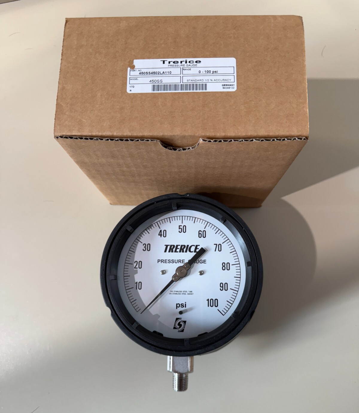 NOS Trerice Pressure Gauge 0-100psi 450SS4502LA110 450SS Made in Germany