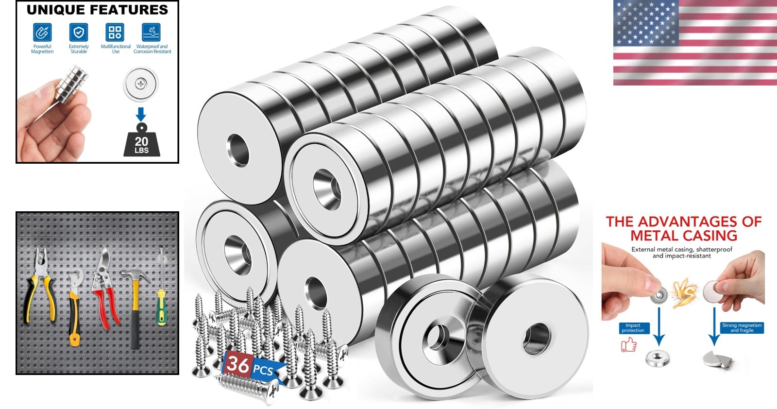 Heavy Duty Neodymium Magnets, 20lb Pull Force – 36 Pack
